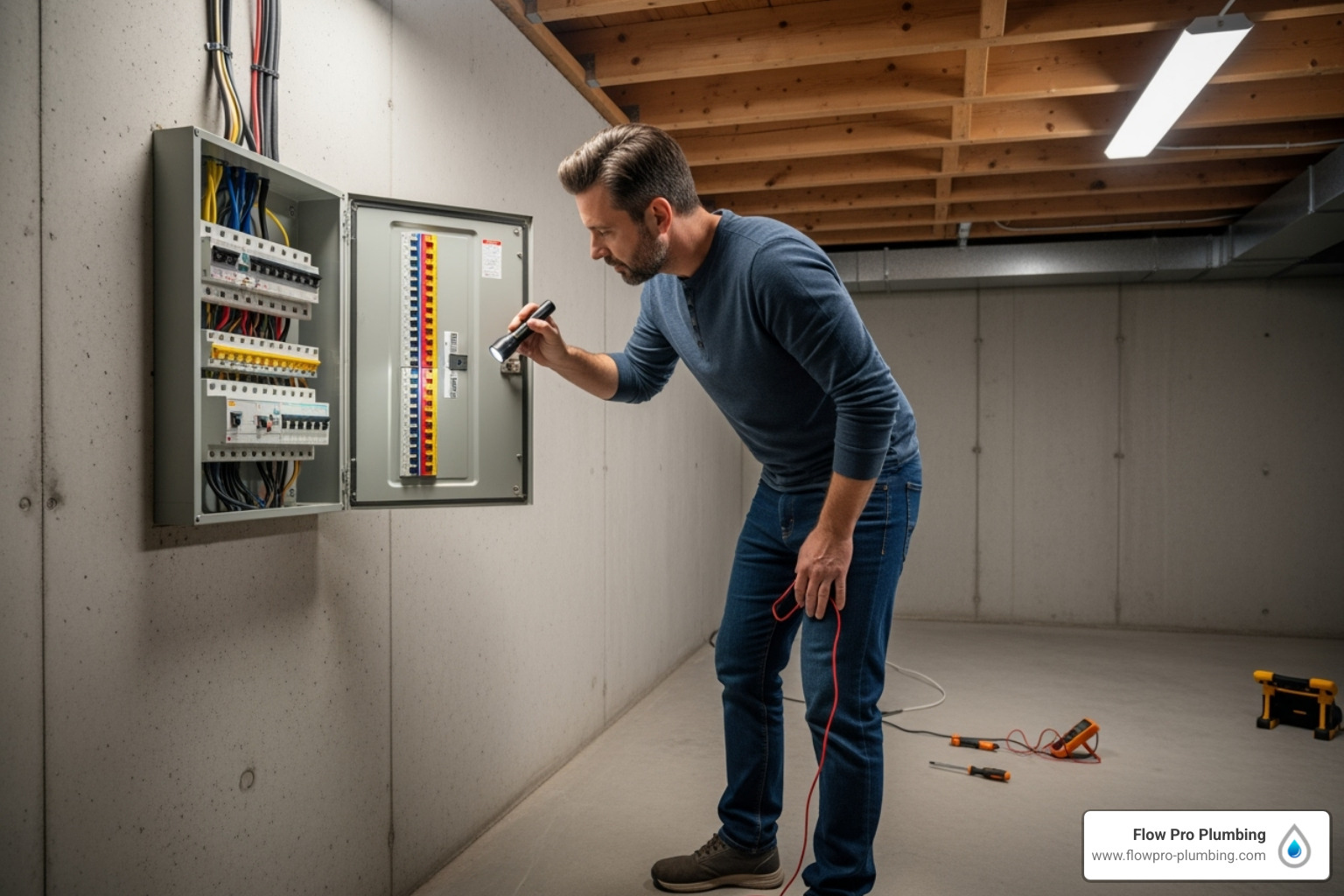 homeowner checking a circuit breaker panel - hot water heater repair homeowner checking a circuit breaker panel - hot water heater repair
