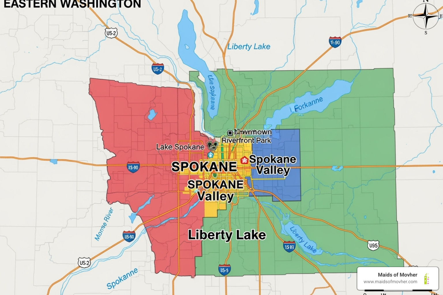 Map of Eastern Washington highlighting Spokane, Spokane Valley, and Liberty Lake - woman entrepreneur cleaning service washington Map of Eastern Washington highlighting Spokane, Spokane Valley, and Liberty Lake - woman entrepreneur cleaning service washington