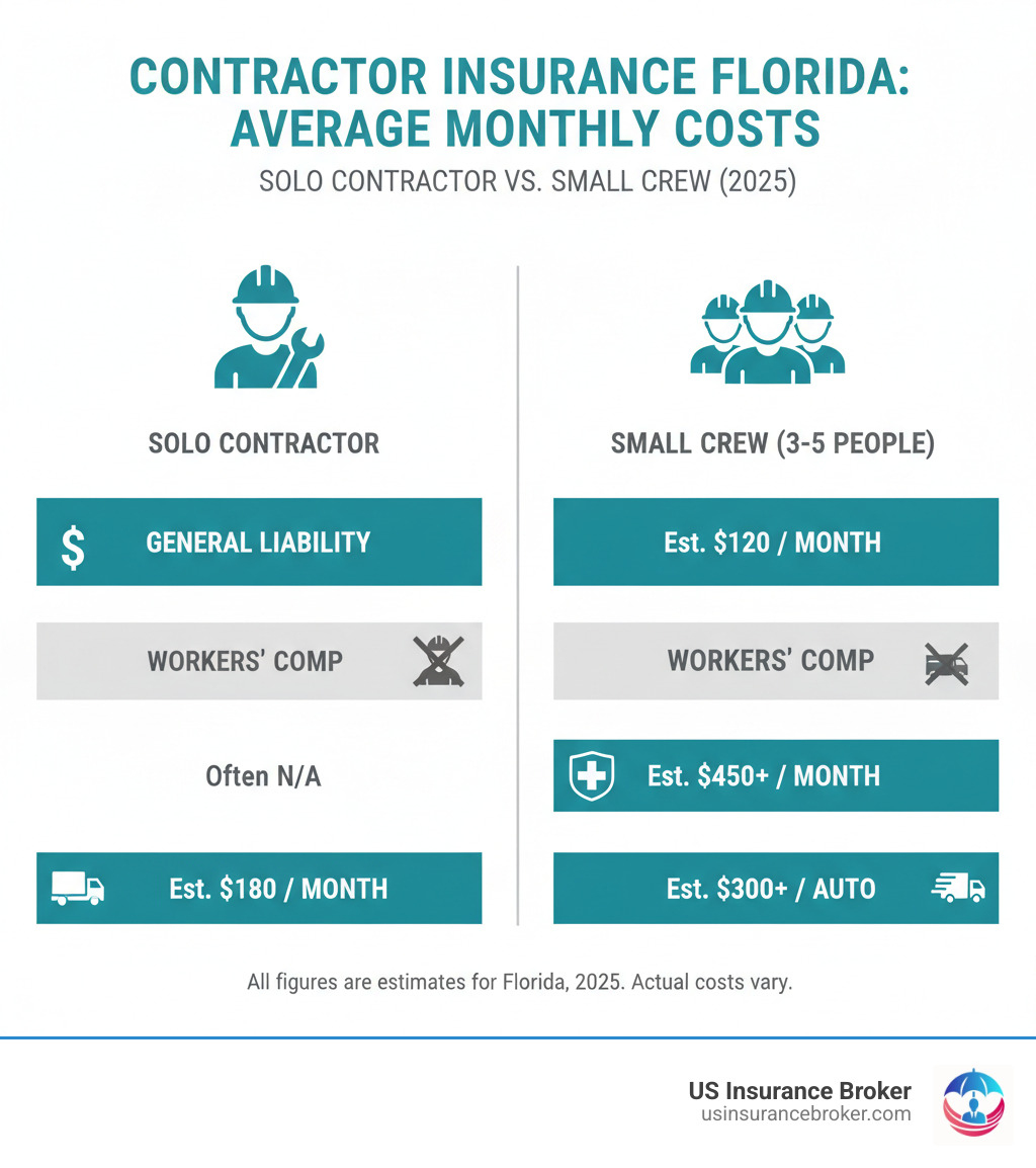 Infographic comparing average monthly costs for General Liability, Workers' Comp, and Commercial Auto for a solo contractor vs. a small crew in Florida - contractor insurance florida infographic Infographic comparing average monthly costs for General Liability, Workers' Comp, and Commercial Auto for a solo contractor vs. a small crew in Florida - contractor insurance florida infographic