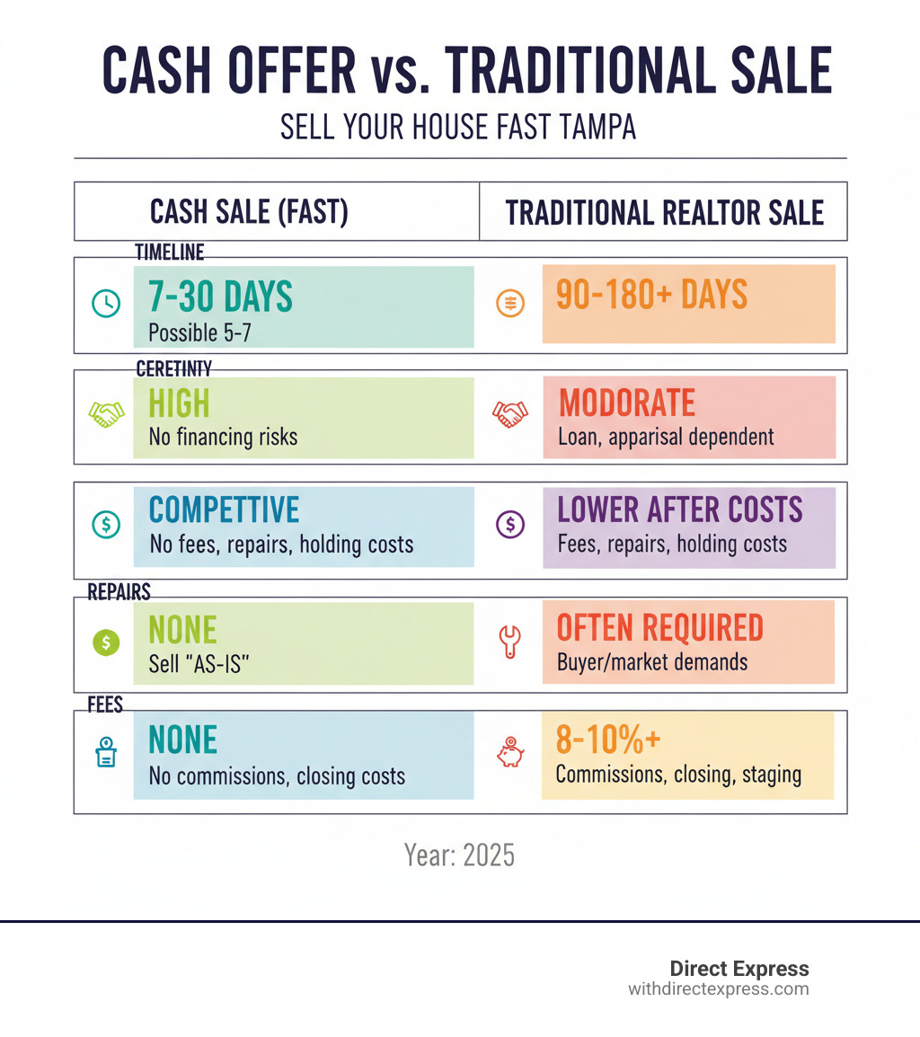 TABLE comparing a Cash Sale vs. a Traditional Realtor Sale on: Timeline, Certainty, Net Profit, Repairs, and Fees - sell my house fast tampa infographic 