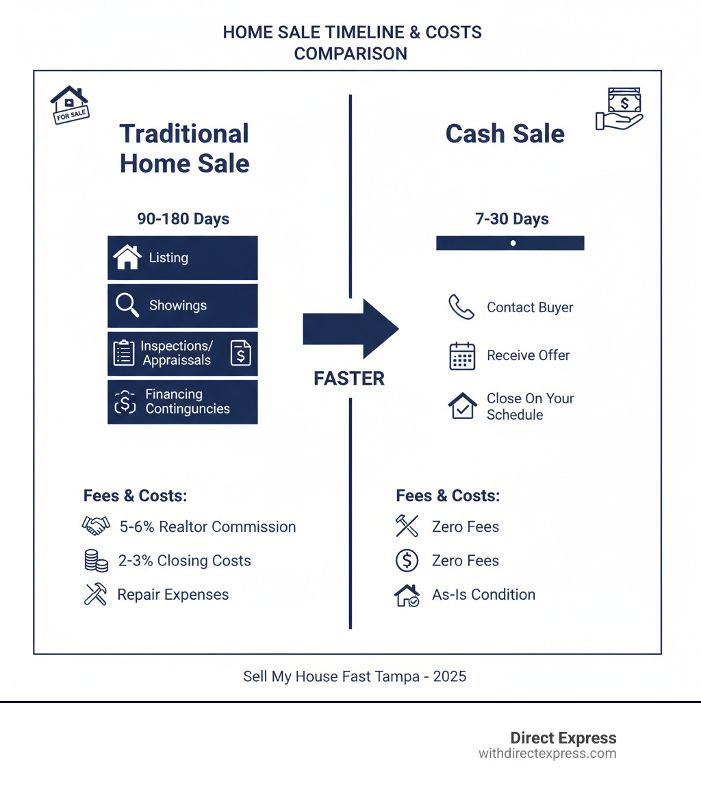 Infographic comparing traditional home sale timeline of 90-180 days with multiple steps including listing, showings, inspections, appraisals, and financing contingencies versus cash sale timeline of 7-30 days with three simple steps: contact buyer, receive offer, and close on your schedule. Shows cost breakdown including 5-6% realtor commission, 2-3% closing costs, and repair expenses for traditional sale versus zero fees and as-is condition for cash sale - sell my house fast tampa infographic 
