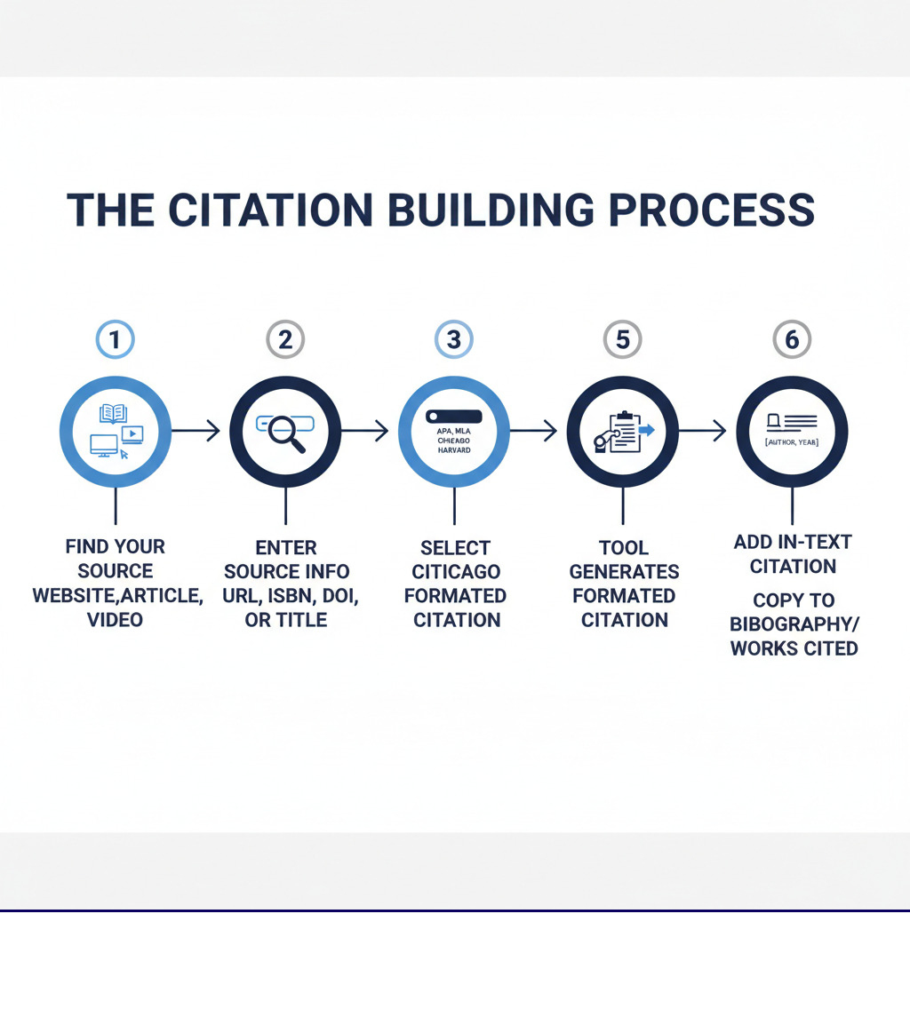 Infographic showing the citation building process: Step 1 - Find your source (book, website, article, video). Step 2 - Enter source information (paste URL, ISBN, DOI, or title into citation builder). Step 3 - Select citation style (APA, MLA, Chicago, Harvard). Step 4 - Tool generates formatted citation. Step 5 - Copy citation to your bibliography or works cited page. Step 6 - Add in-text citation to your document where you referenced the source. - citation builder infographic 