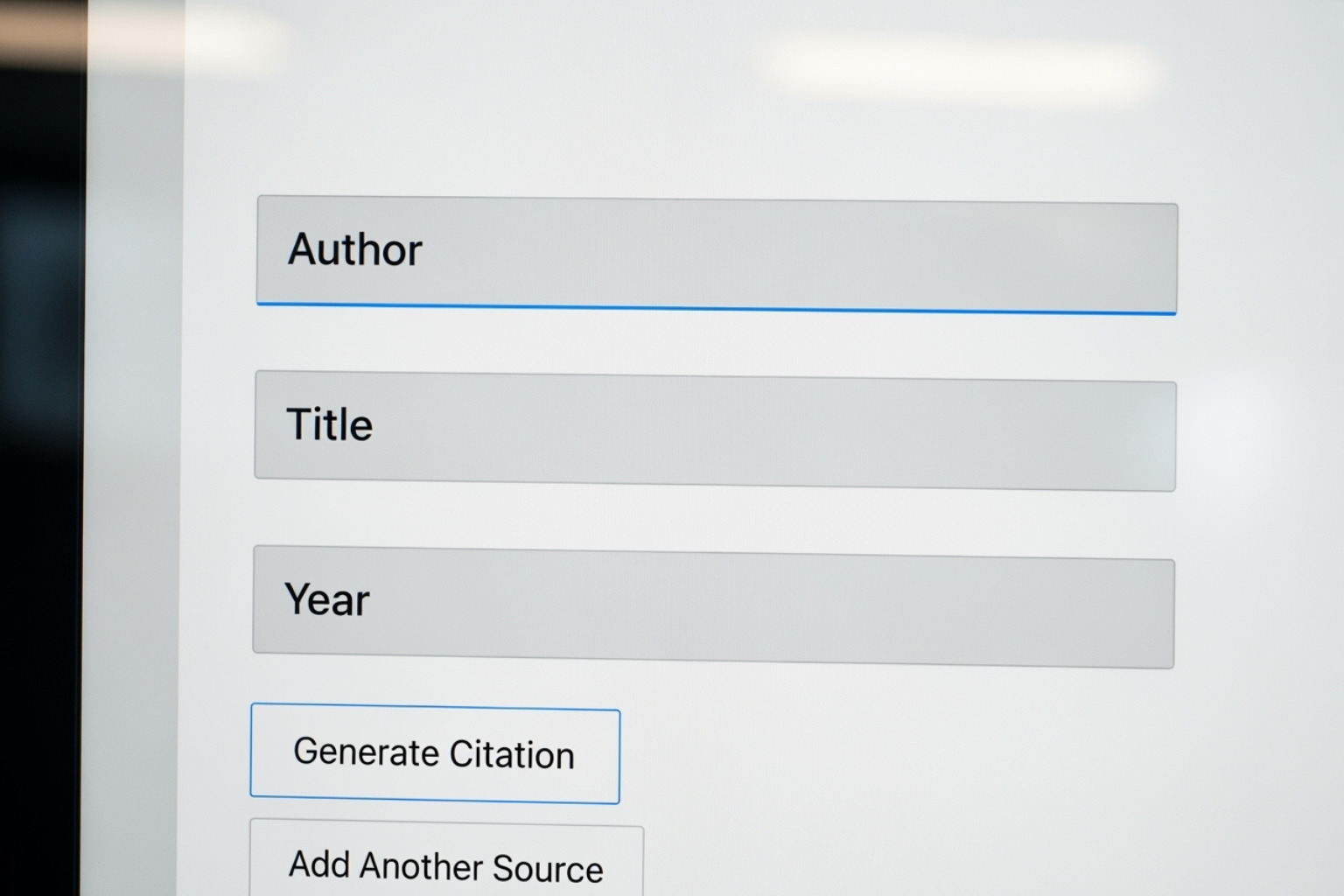 citation builder interface showing fields for author, title, and year - citation builder