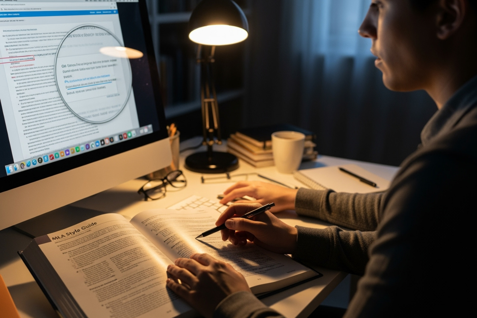 person comparing a generated citation to a style guide manual - citation builder