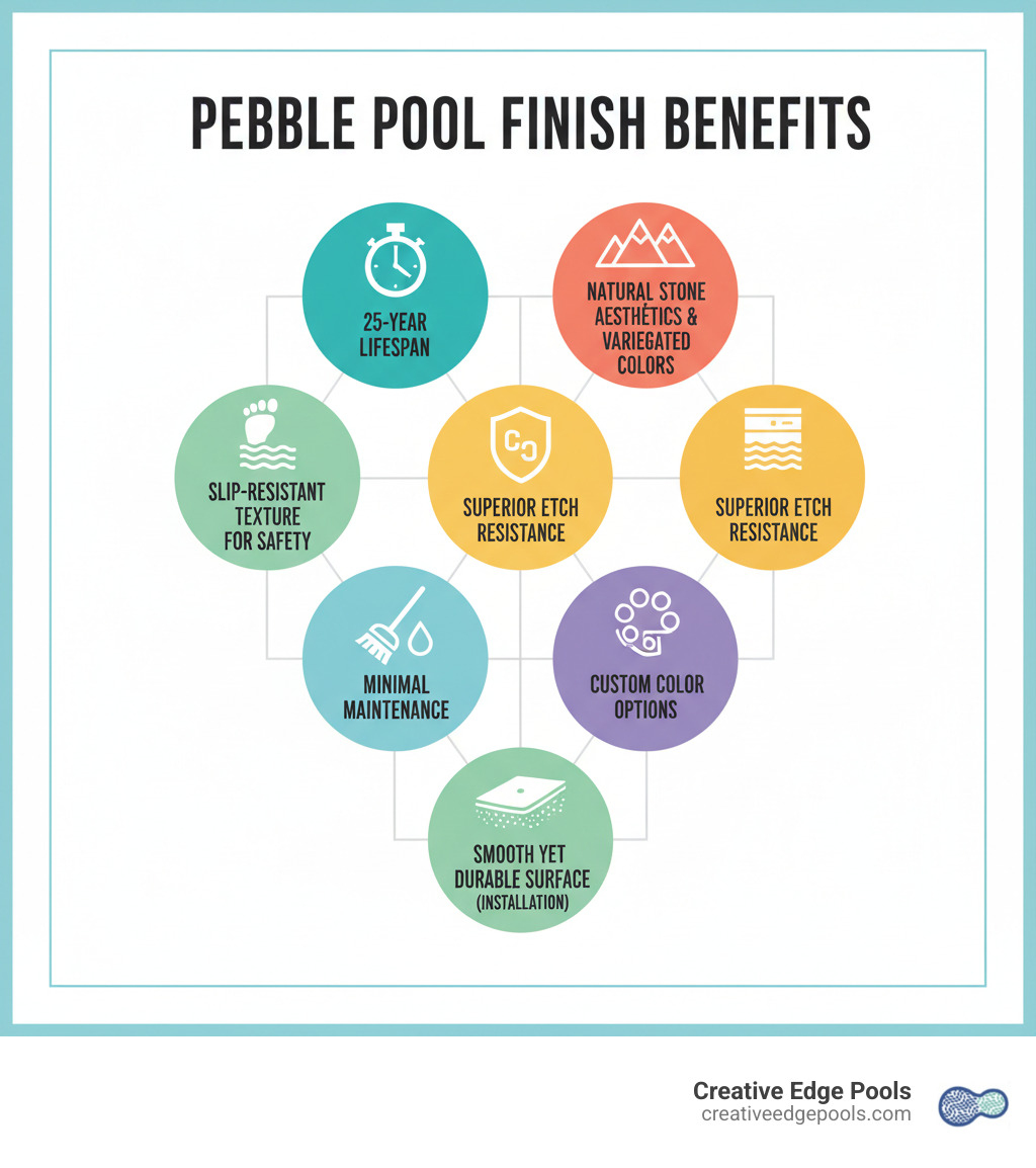 Infographic showing pebble pool finish benefits including 25-year lifespan, natural stone aesthetics with variegated colors, slip-resistant texture for safety, superior etch resistance compared to plaster, minimal maintenance requirements, custom color options, and smooth yet durable surface achieved through proper installation and curing - pebble pool finish installation infographic 