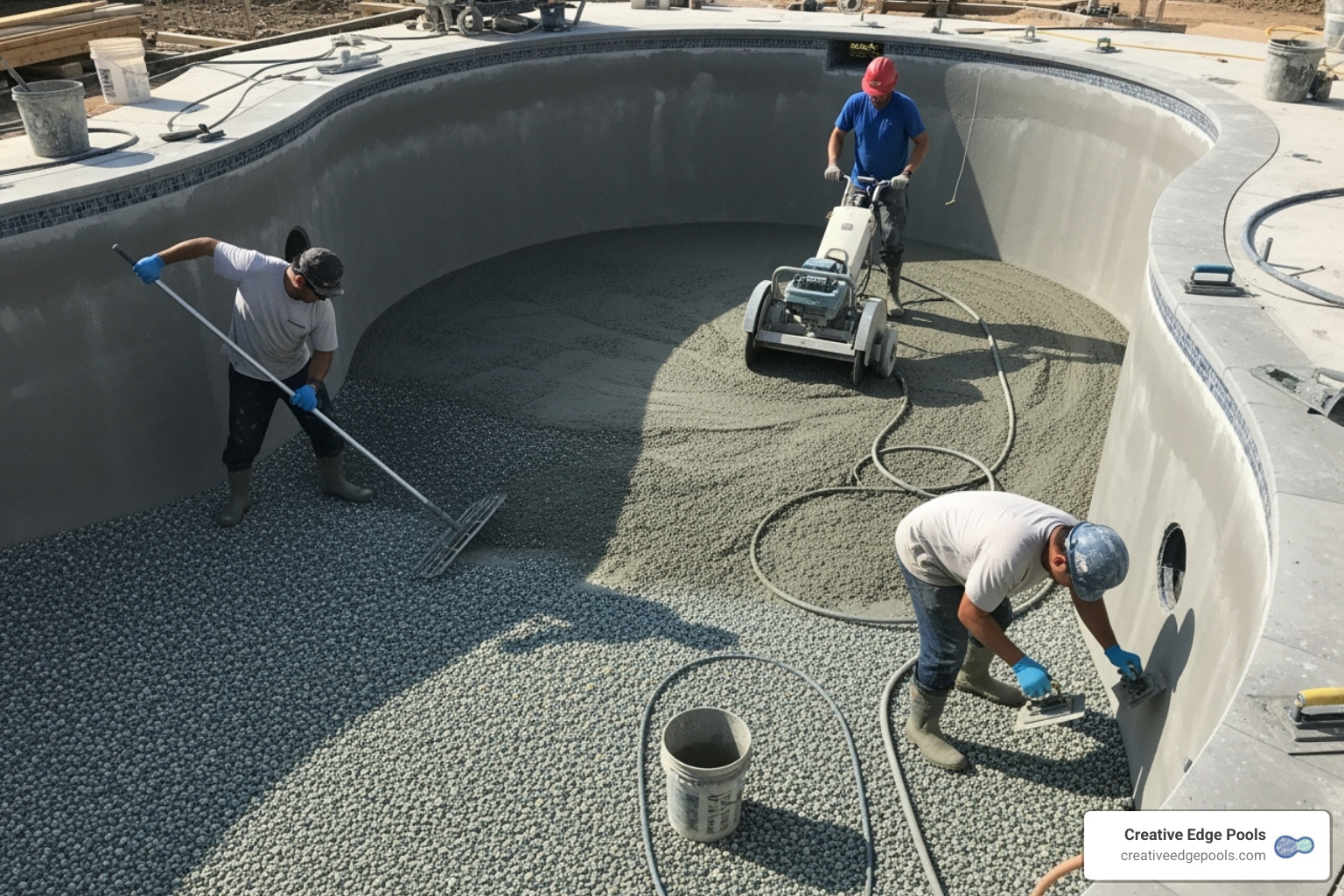 installation crew applying pebble finish to a gunite pool shell - pebble pool finish installation