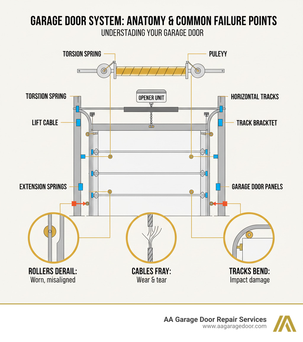 infographic showing the anatomy of a garage door system with labeled components including vertical and horizontal tracks, rollers seated in tracks, lift cables running through pulleys, torsion spring mounted above the door, extension springs on either side, track brackets bolted to the wall, and the opener unit, with callouts showing common failure points where rollers derail, cables fray, and tracks bend - garage door off track infographic 