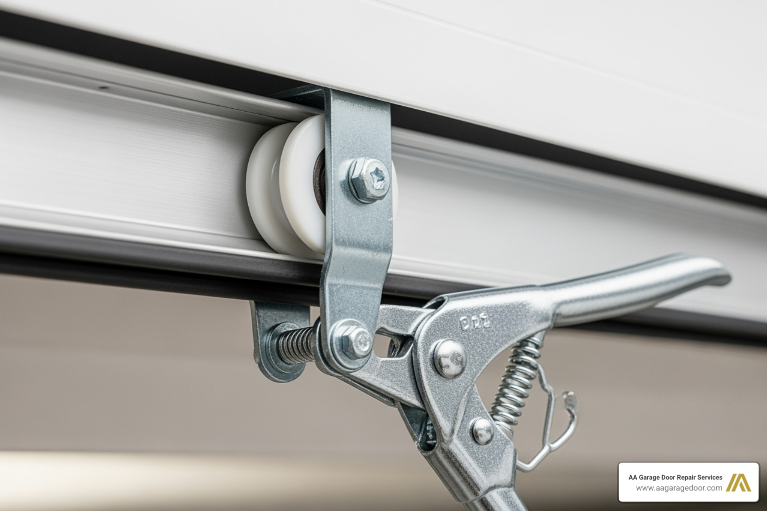 pair of locking vice grips clamped securely onto a garage door track below a roller - garage door off track