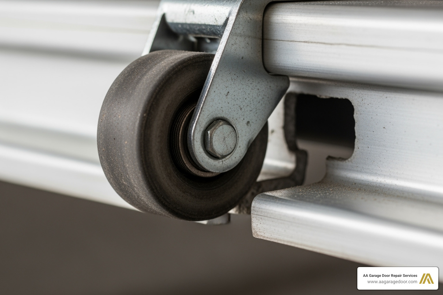 close-up of a garage door roller that has popped out of the track - garage door off track