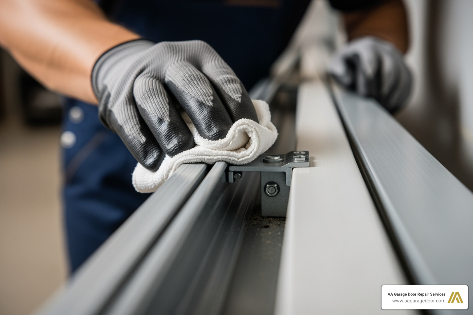 person cleaning debris out of a garage door track with a cloth - garage door off track