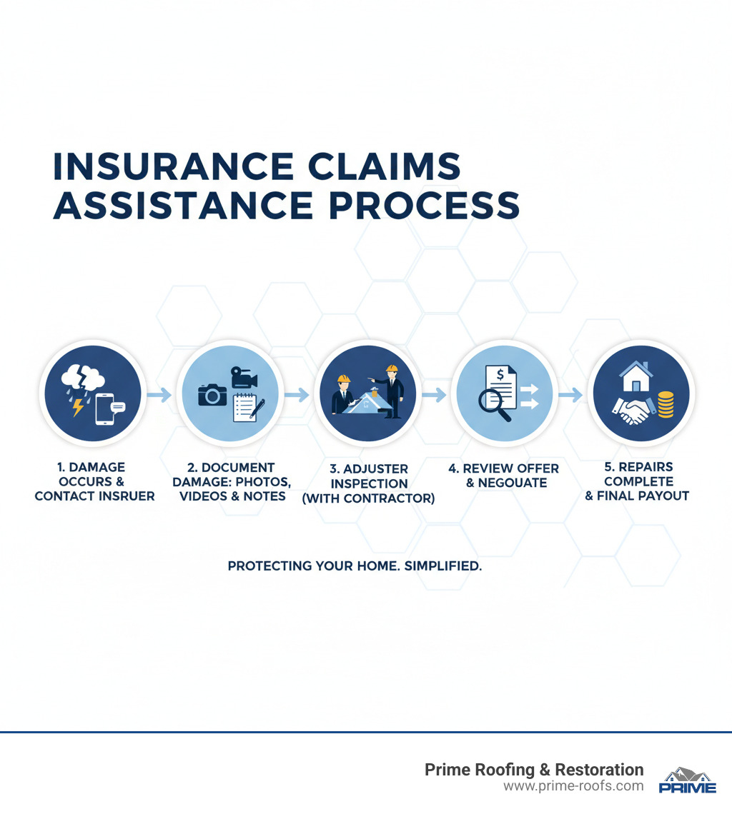 Infographic showing the insurance claims assistance process: Step 1 - Damage occurs and you contact your insurance company; Step 2 - Document all damage with photos, videos, and detailed notes; Step 3 - Insurance adjuster inspects your property (have your contractor present); Step 4 - Review settlement offer and negotiate if needed; Step 5 - Complete repairs with approved contractor and receive final payout - Insurance claims assistance infographic 
