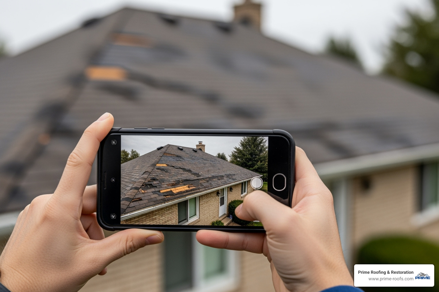 a person taking photos of a damaged roof with a smartphone - Insurance claims assistance