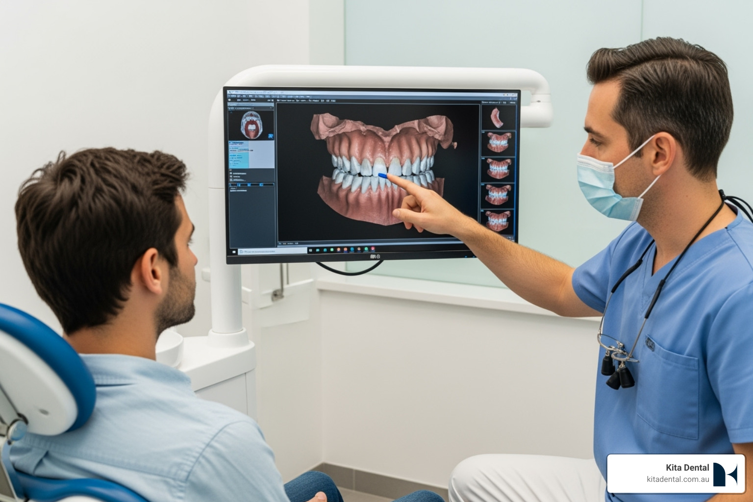dentist explaining a 3D dental scan to a patient - invisalign price sydney dentist explaining a 3D dental scan to a patient - invisalign price sydney