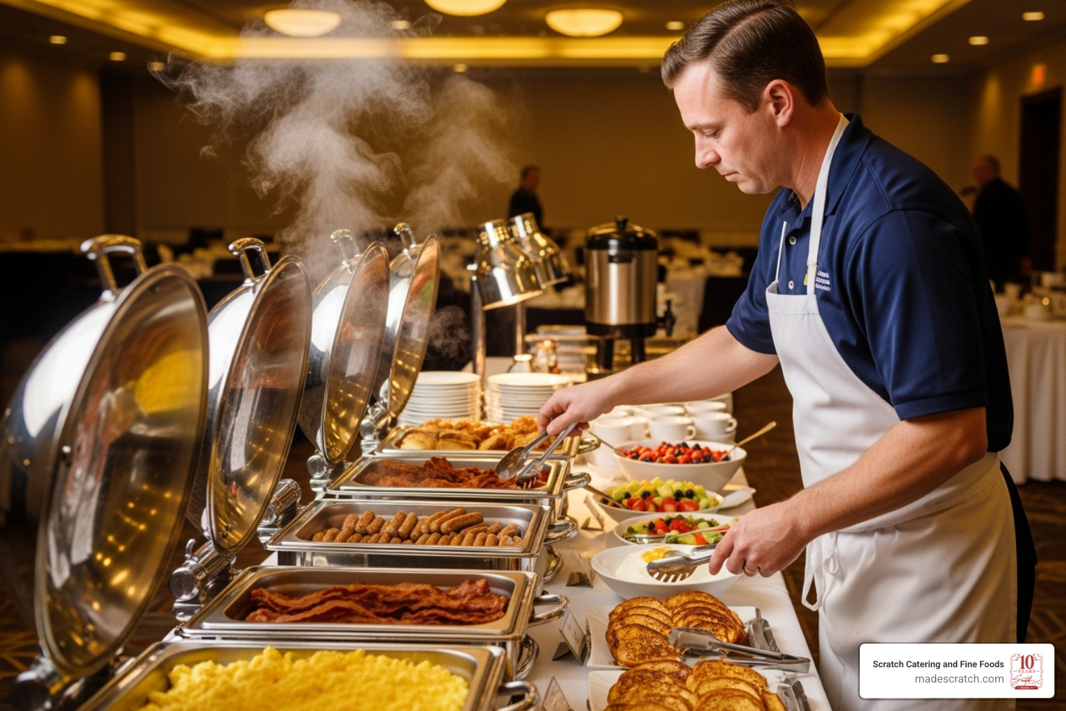 professional caterer setting up a breakfast buffet - breakfast catering grapevine tx