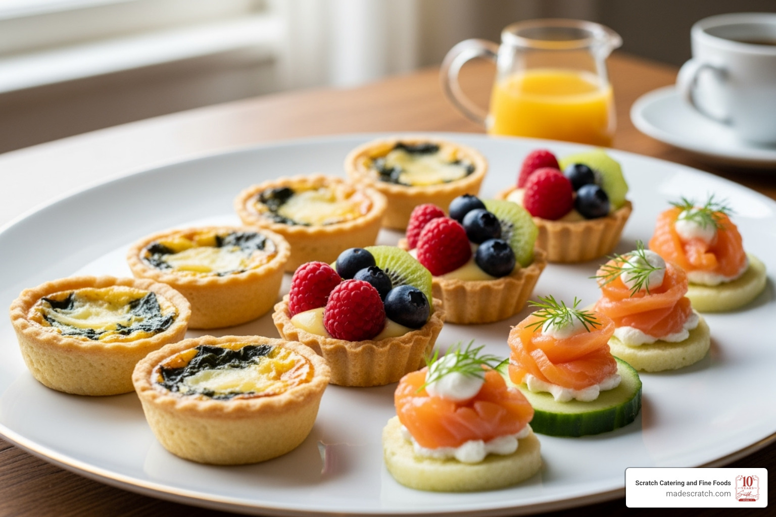 a gourmet breakfast platter featuring a variety of mini quiches, fruit tarts, and smoked salmon bites, beautifully arranged on a white serving dish - breakfast catering grapevine tx