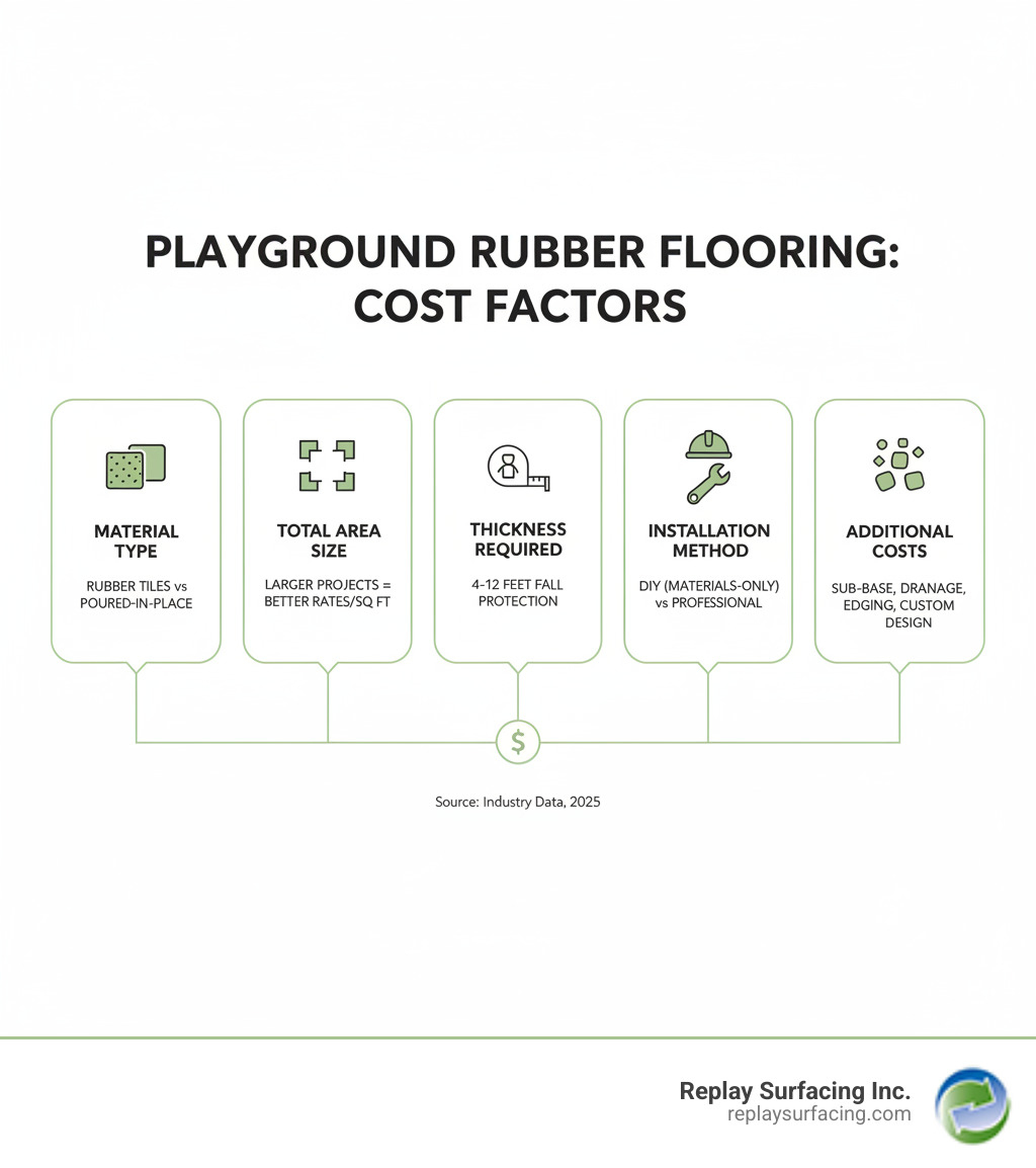 Infographic showing the main cost factors for playground rubber flooring: Material Type (rubber tiles vs poured-in-place), Total Area Size (larger projects get better rates per square foot), Thickness Required (based on fall height protection needs from 4 to 12 feet), Installation Method (DIY materials-only vs professional installation), and Additional Costs (sub-base preparation, drainage, edging, and custom colors or designs) - playground rubber flooring price Charlotte NC infographic 