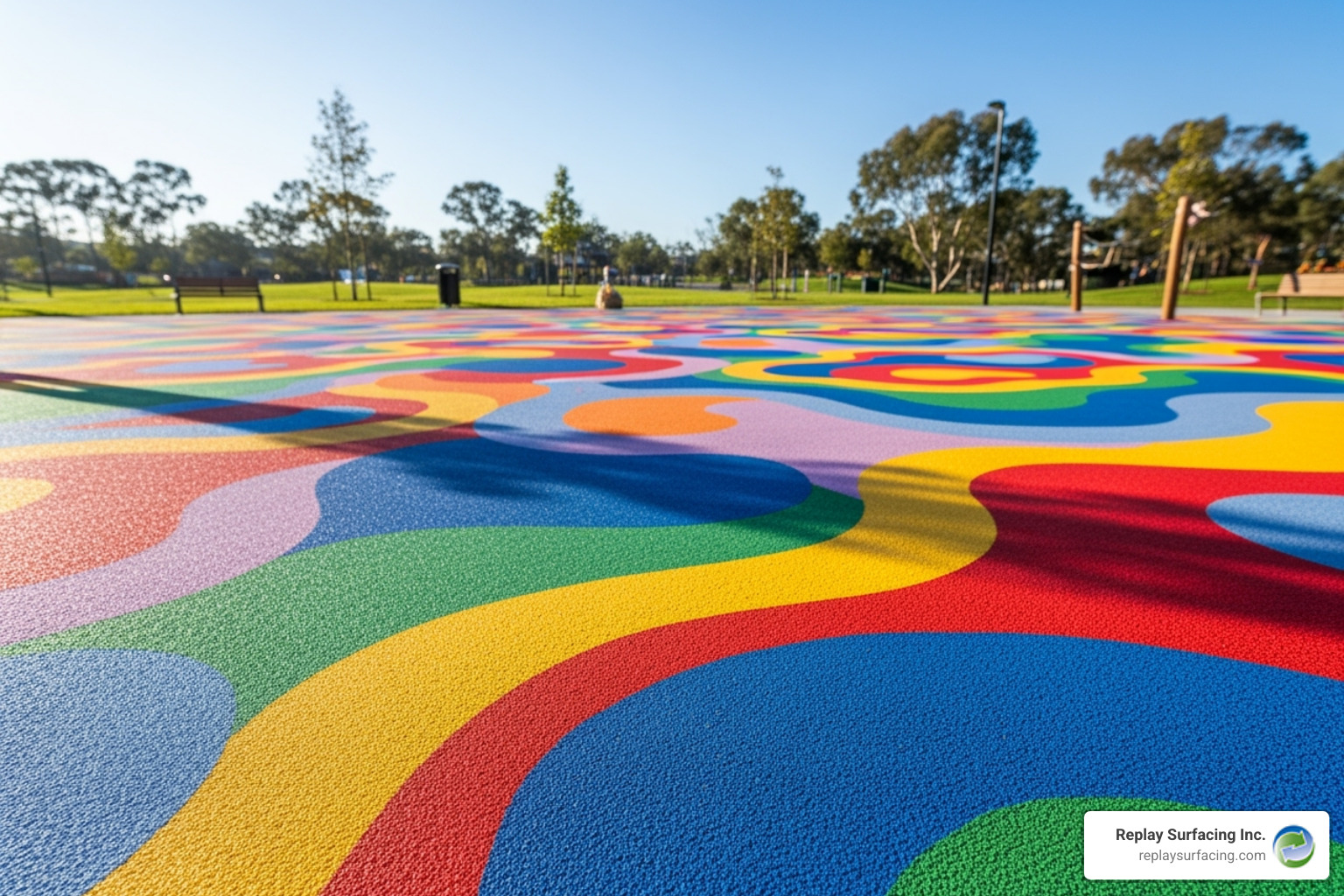 seamless, multi-colored poured-in-place rubber surface installed by Replay Surfacing Inc. in Raleigh, NC - playground rubber flooring price Charlotte NC