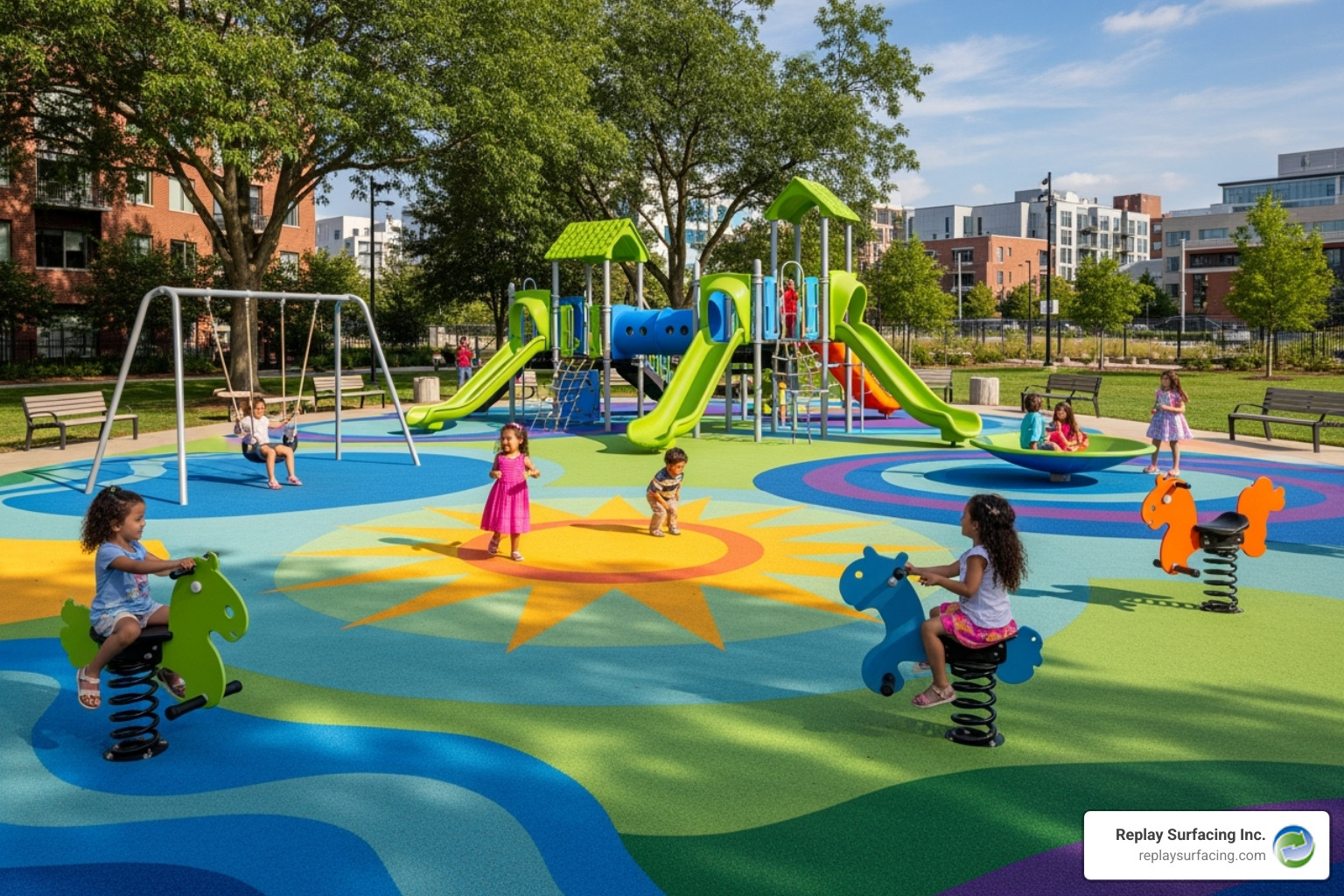playground with a complex, custom rubber flooring design by Replay Surfacing Inc. in Columbia, SC - playground rubber flooring price Charlotte NC