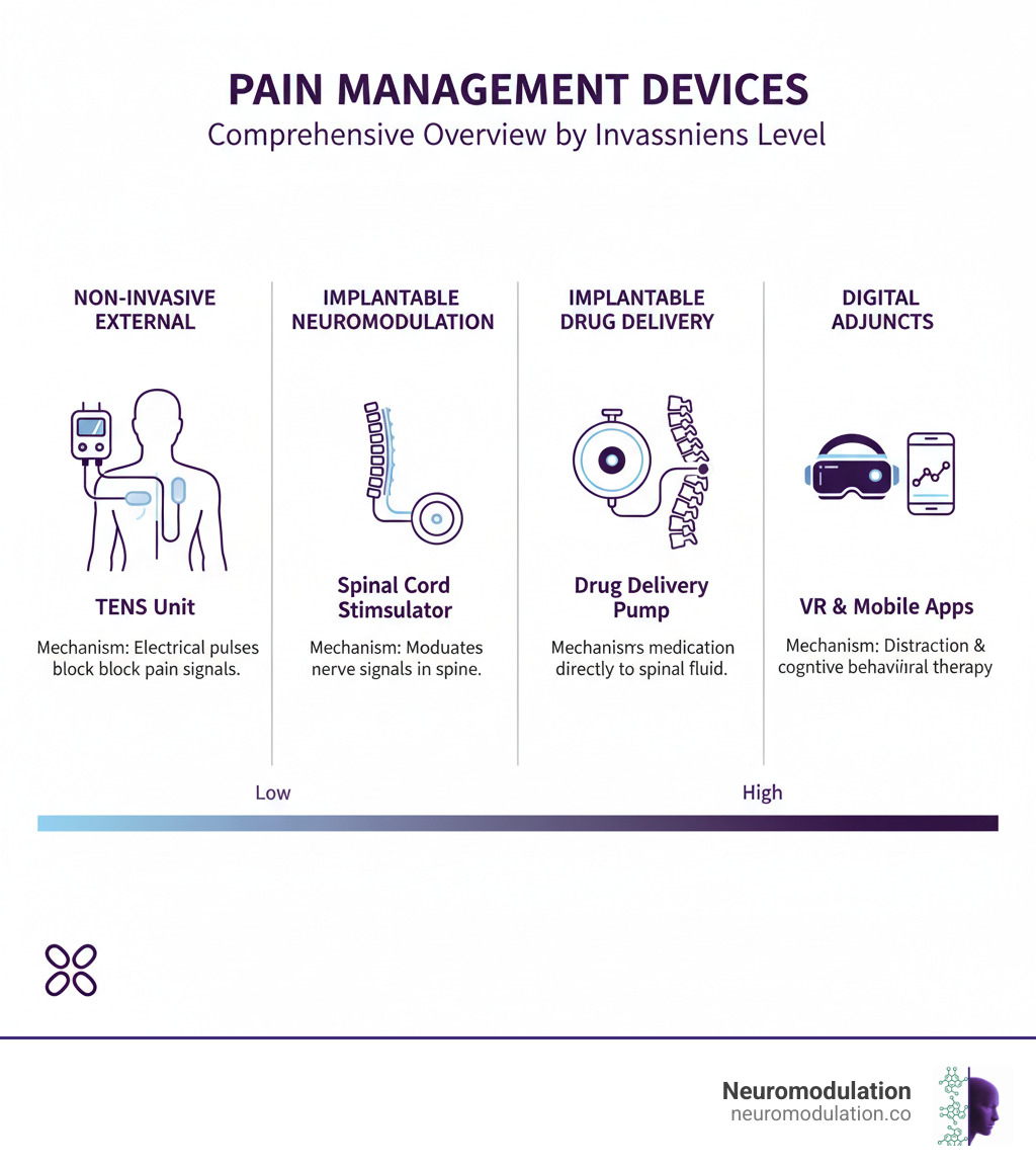 comprehensive overview of pain management device types showing external devices like TENS units, implantable devices like spinal cord stimulators with electrode placement along the spine, drug delivery pumps, and digital tools like VR headsets, organized by invasiveness level from non-invasive to implantable, with brief mechanism descriptions for each category - pain management devices infographic 