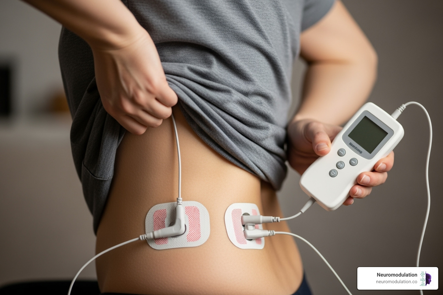 a person applying a TENS unit to their lower back - pain management devices