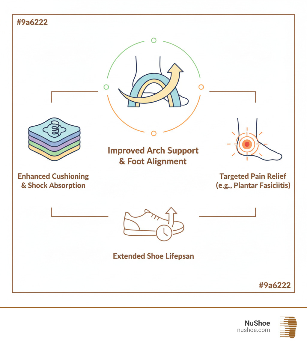 infographic showing the key benefits of quality insole replacement: improved arch support and foot alignment in the center, enhanced cushioning and shock absorption on the left, targeted pain relief for conditions like plantar fasciitis on the right, and extended shoe lifespan at the bottom - inner sole replacement infographic infographic showing the key benefits of quality insole replacement: improved arch support and foot alignment in the center, enhanced cushioning and shock absorption on the left, targeted pain relief for conditions like plantar fasciitis on the right, and extended shoe lifespan at the bottom - inner sole replacement infographic