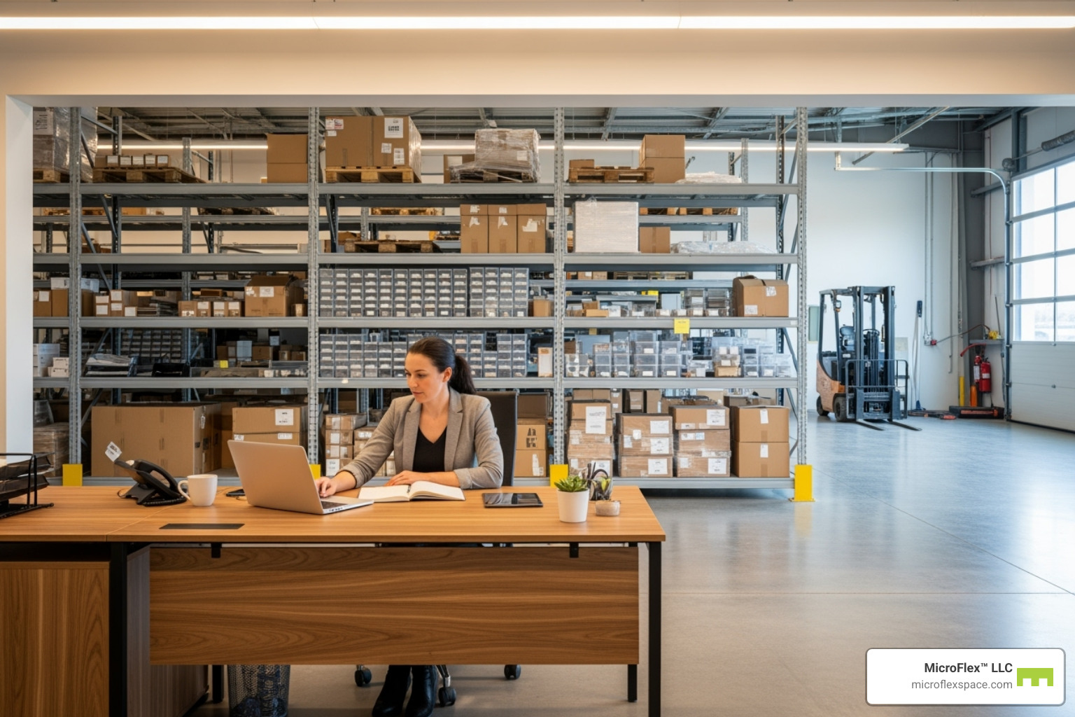 Business owner working in a flexible commercial space, with an office desk area seamlessly blending into a light industrial or storage section - Flexible commercial space Business owner working in a flexible commercial space, with an office desk area seamlessly blending into a light industrial or storage section - Flexible commercial space