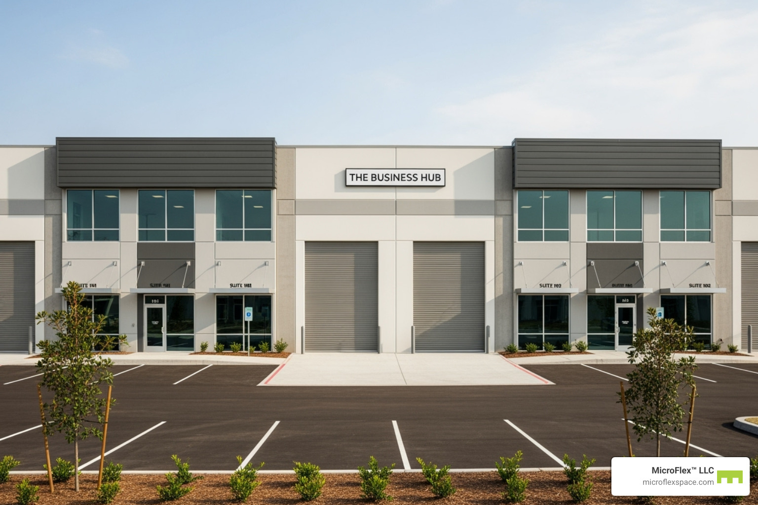 Exterior view of a modern single-story flexible commercial space building with multiple units, roll-up doors, and a dedicated office entrance - Flexible commercial space Exterior view of a modern single-story flexible commercial space building with multiple units, roll-up doors, and a dedicated office entrance - Flexible commercial space