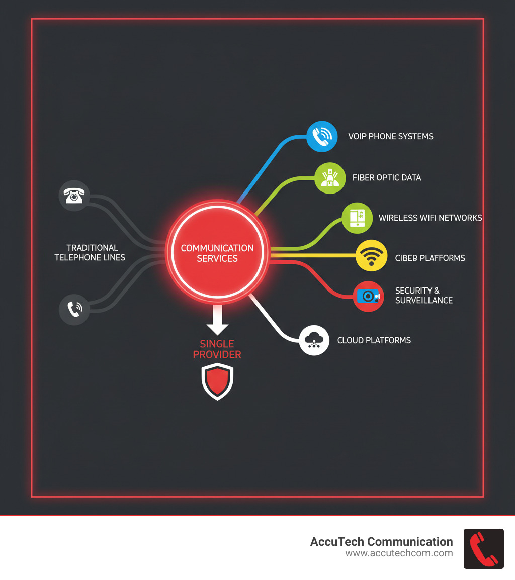 Infographic showing the evolution and convergence of communication services: Traditional telephone lines connecting to a central hub, which branches out to modern services including VoIP phone systems, fiber optic data networks, wireless WiFi systems, security and surveillance cameras, and cloud-based platforms—all managed by a single communication service company provider - communication service company infographic 