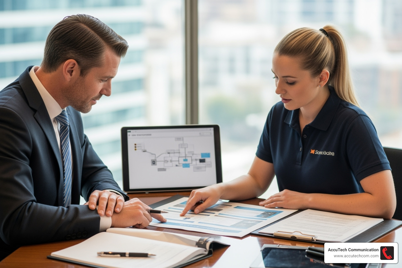 business owner reviewing a service proposal with a technician - communication service company