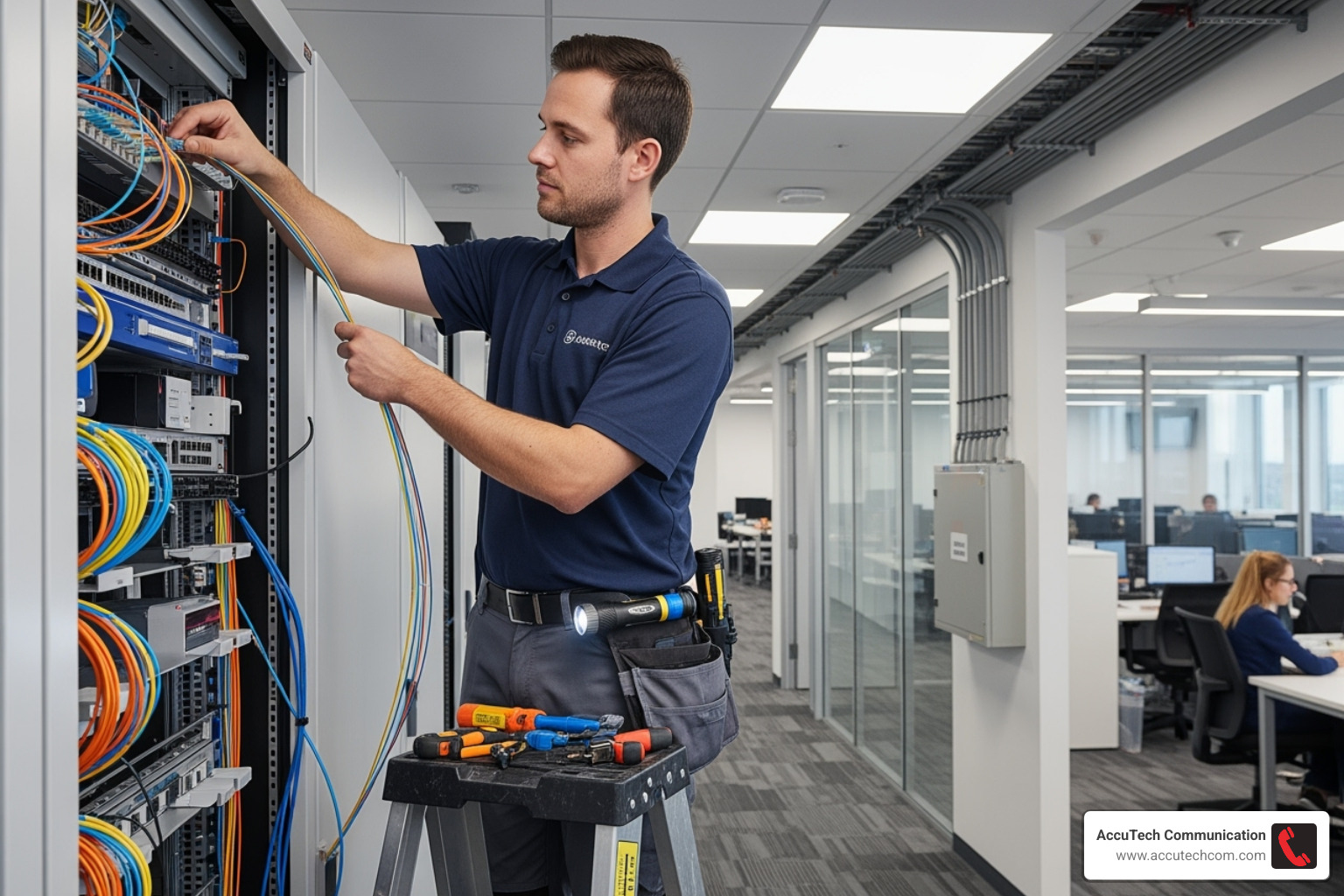 technician installing fiber optic cables in an office building - communication service company