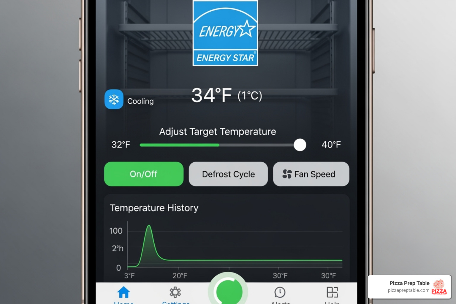 smartphone screen showing a smart refrigeration app, with an an ENERGY STAR logo overlay - Commercial refrigeration Los Angeles