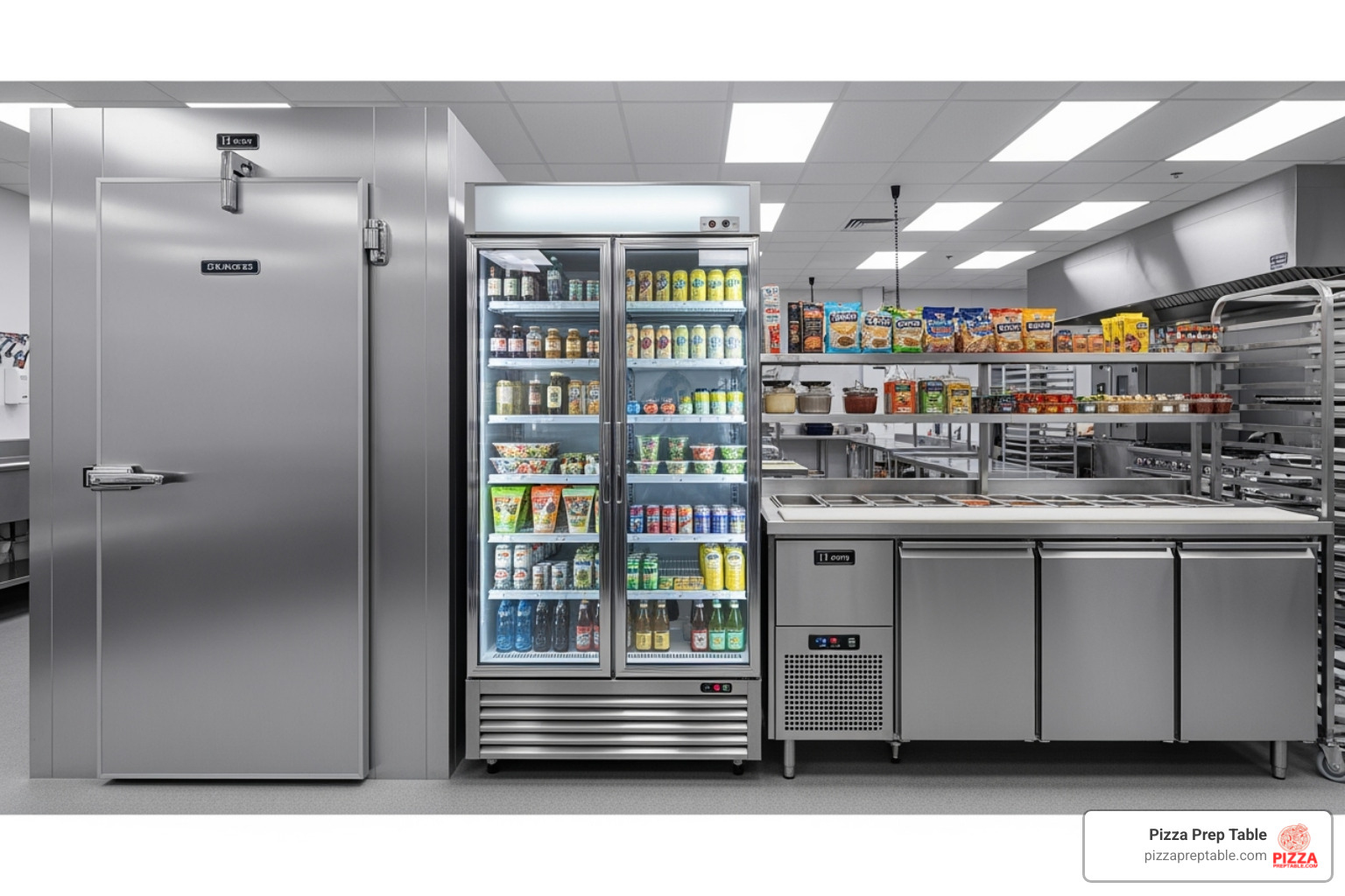 various refrigeration units side-by-side, including a walk-in cooler, a glass-door merchandiser, and a prep table - Commercial refrigeration Los Angeles