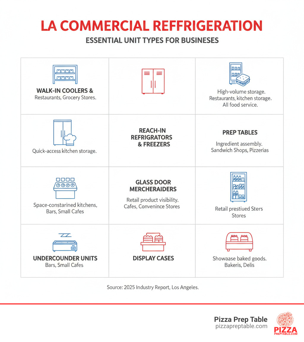 Infographic showing the main types of commercial refrigeration units used by Los Angeles businesses: walk-in coolers and freezers for high-volume storage in restaurants and grocery stores, reach-in refrigerators and freezers for quick-access kitchen storage, prep tables with refrigerated rails for sandwich shops and pizzerias, glass door merchandisers for retail visibility in cafes and convenience stores, undercounter units for space-constrained kitchens, and display cases for bakeries and delis - Commercial refrigeration Los Angeles infographic 