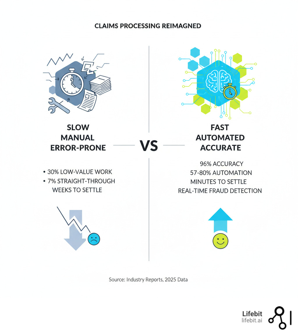 Infographic comparing traditional claims processing (slow, manual, error-prone, 30% time on low-value work, 7% straight-through processing, weeks to settle) versus AI-powered claims processing (fast, automated, accurate, 96% accuracy rate, 57-80% automation, minutes to settle, real-time fraud detection) - AI for claims processing infographic 