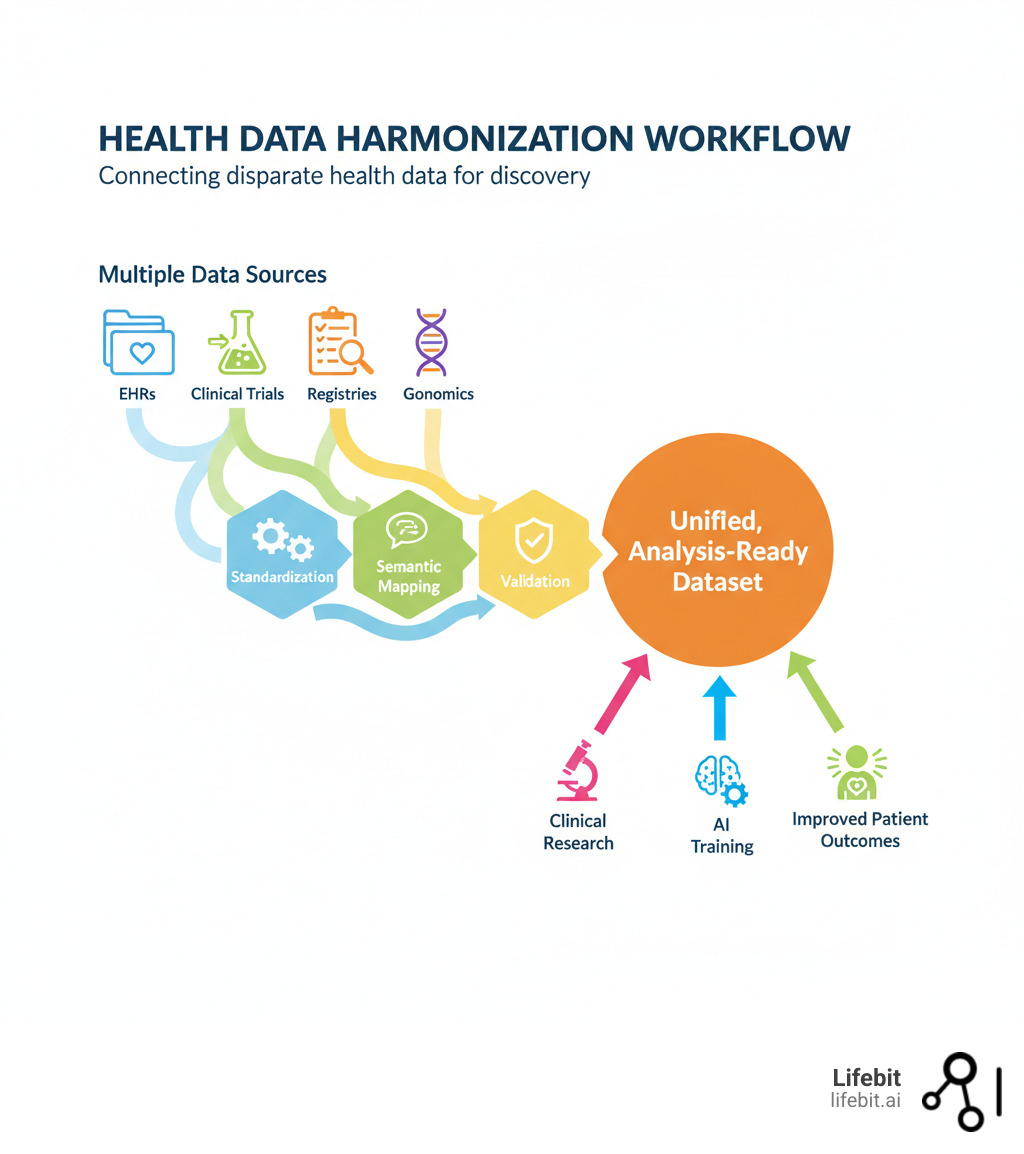 Infographic showing the health data harmonization workflow: multiple data sources (EHRs, clinical trials, registries, genomics) flowing through standardization, semantic mapping, and validation stages to produce a unified, analysis-ready dataset that enables clinical research, AI training, and improved patient outcomes - health data harmonization infographic Infographic showing the health data harmonization workflow: multiple data sources (EHRs, clinical trials, registries, genomics) flowing through standardization, semantic mapping, and validation stages to produce a unified, analysis-ready dataset that enables clinical research, AI training, and improved patient outcomes - health data harmonization infographic
