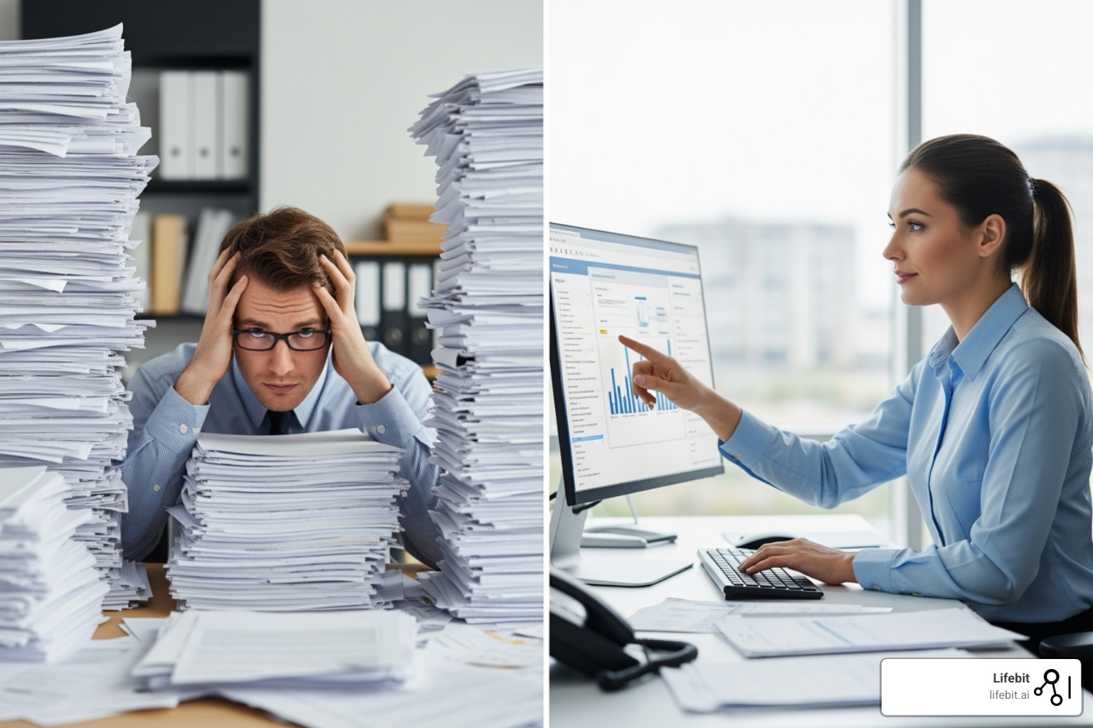 claims adjuster overwhelmed with paperwork contrasted with one using a sleek AI interface - AI for claims processing