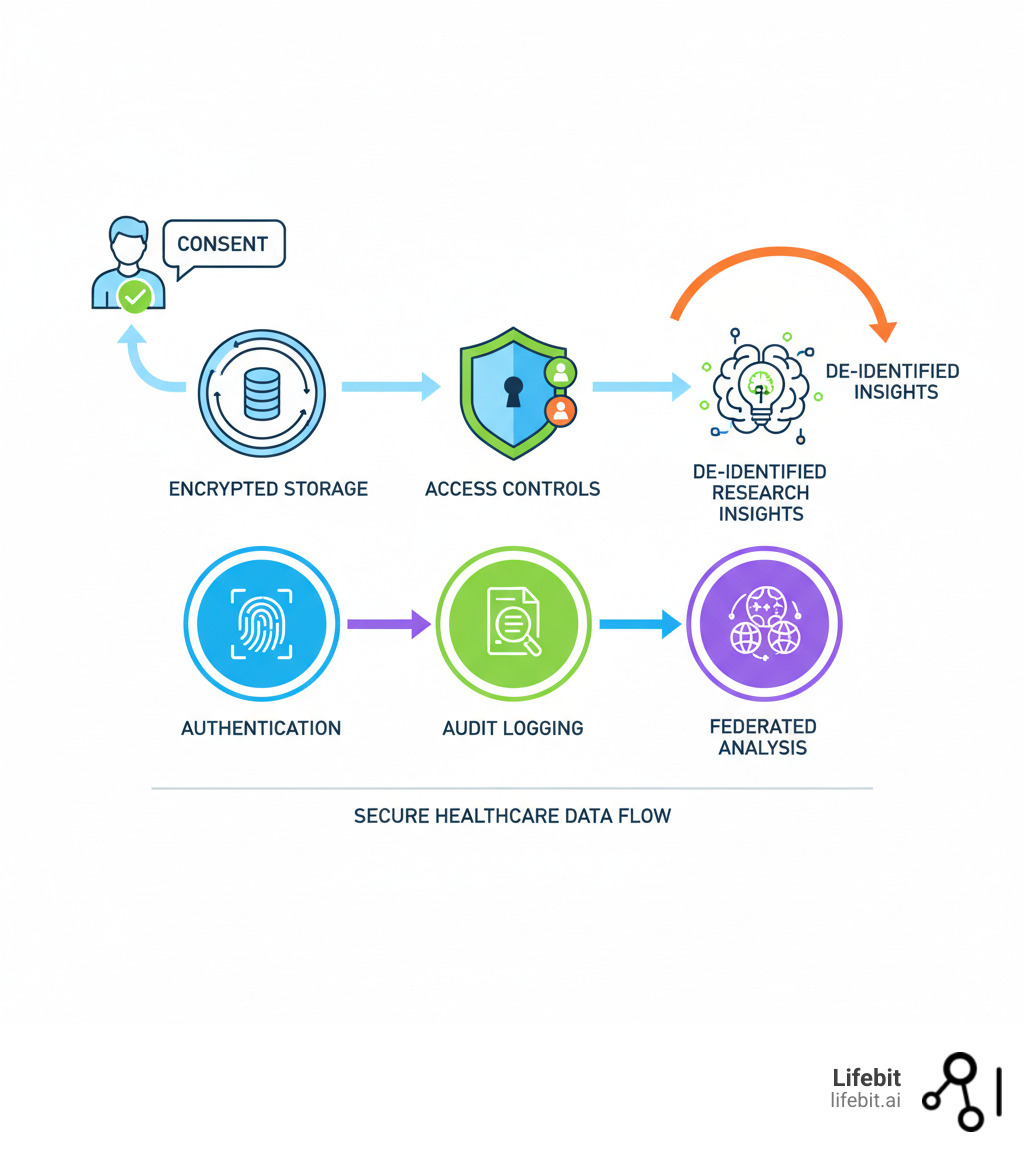 Infographic showing the secure flow of healthcare data from patient consent through encrypted storage and access controls to de-identified research insights, with key security checkpoints including authentication, audit logging, and federated analysis across institutional boundaries - secure healthcare data platform infographic Infographic showing the secure flow of healthcare data from patient consent through encrypted storage and access controls to de-identified research insights, with key security checkpoints including authentication, audit logging, and federated analysis across institutional boundaries - secure healthcare data platform infographic