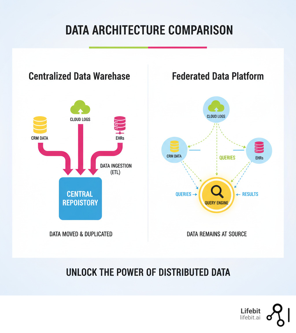 Infographic comparing centralized data warehouse architecture (with arrows showing data physically moving into a central repository) versus federated data platform architecture (with arrows showing queries traveling to distributed data sources, and only results returning to a central query engine) - what is a federated data platform infographic 