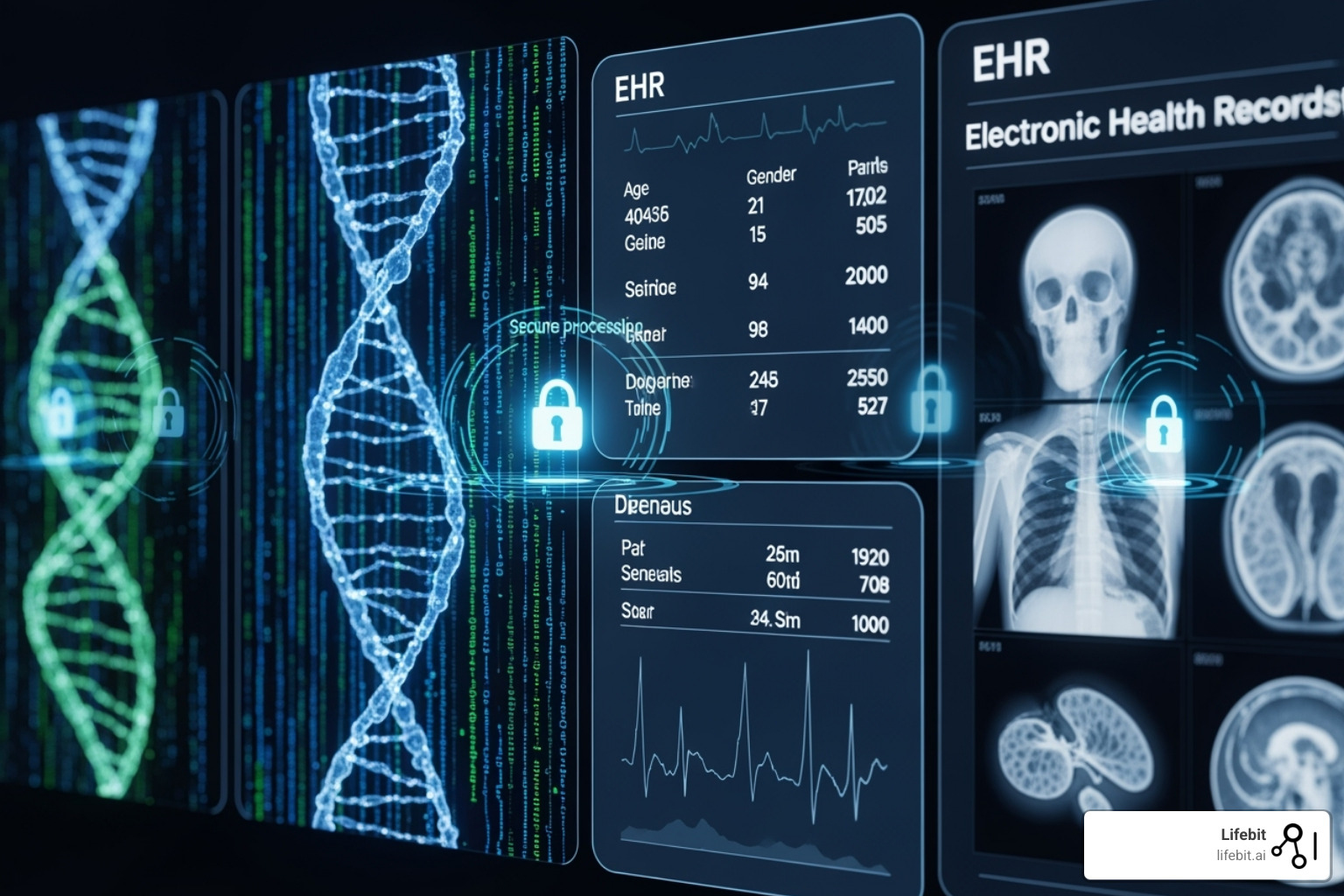 A dashboard displaying various healthcare data types including genomics, EHR, and imaging, with secure processing and analysis indicators. - secure healthcare data platform A dashboard displaying various healthcare data types including genomics, EHR, and imaging, with secure processing and analysis indicators. - secure healthcare data platform