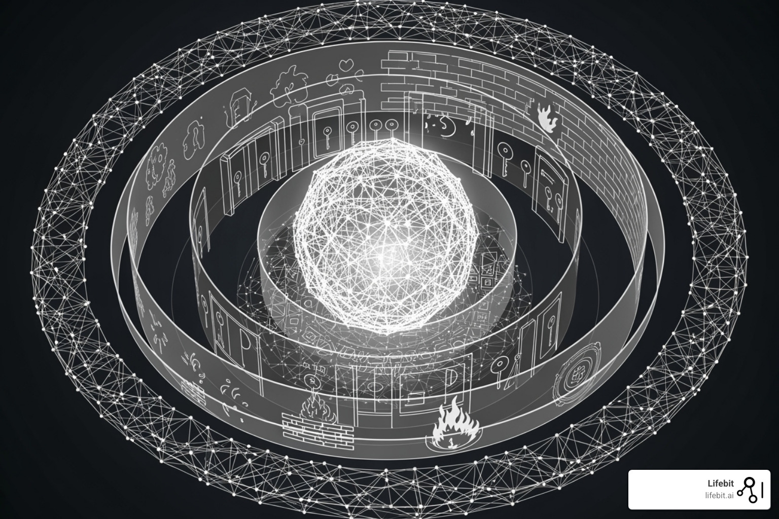 A layered security architecture diagram showing multiple levels of protection including encryption, access control, firewalls, and intrusion detection, all surrounding a central data repository. - secure healthcare data platform A layered security architecture diagram showing multiple levels of protection including encryption, access control, firewalls, and intrusion detection, all surrounding a central data repository. - secure healthcare data platform