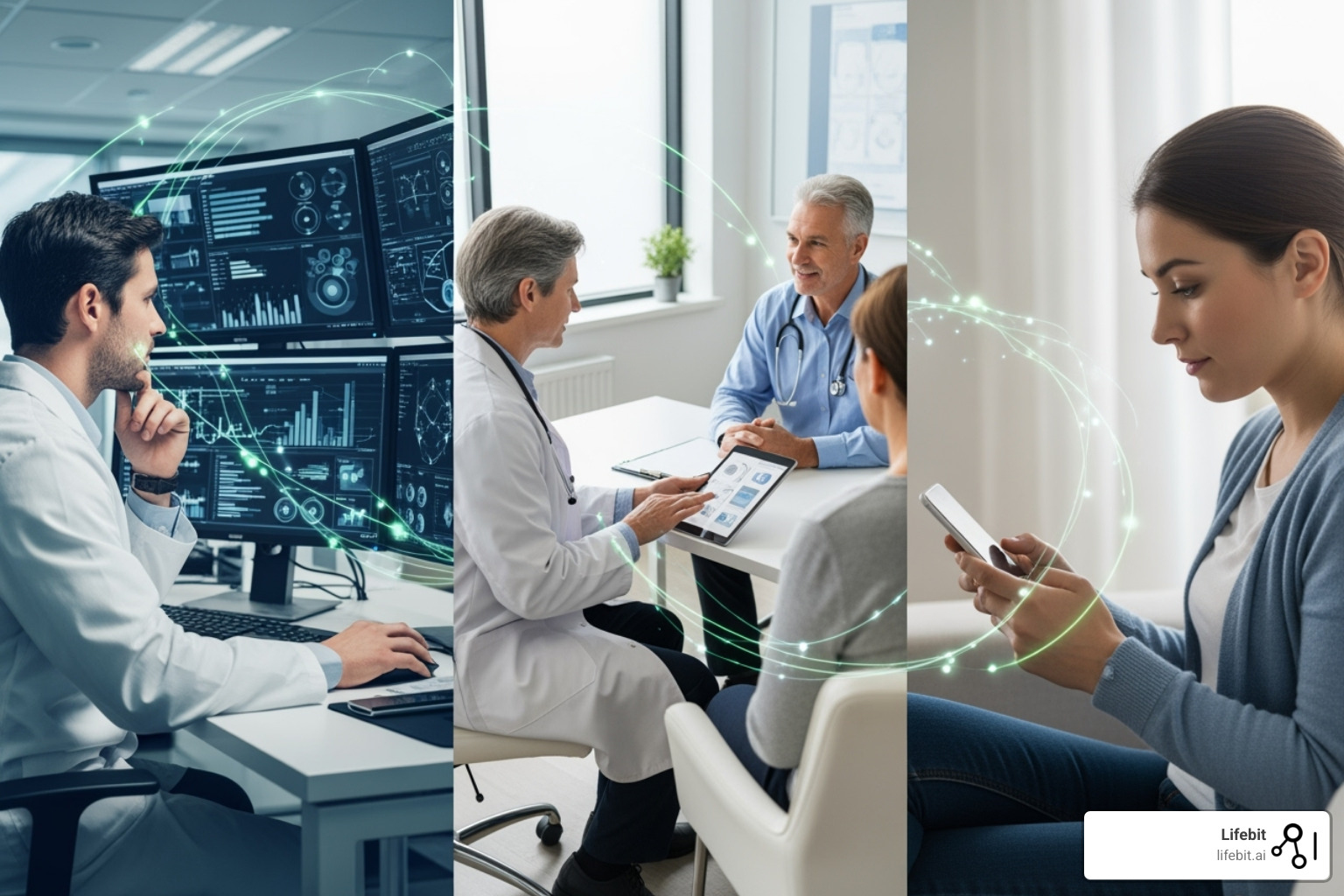 An image illustrating the benefits of a secure healthcare data platform for researchers (accelerated discovery, collaboration), clinicians (improved care, efficiency), and patients (data control, personalized medicine). - secure healthcare data platform An image illustrating the benefits of a secure healthcare data platform for researchers (accelerated discovery, collaboration), clinicians (improved care, efficiency), and patients (data control, personalized medicine). - secure healthcare data platform