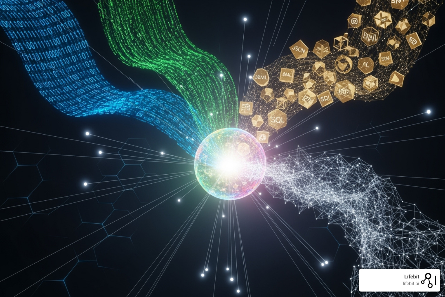 illustration of the concept-based approach, showing data elements from different standards mapping to a central, generic concept - health data harmonization illustration of the concept-based approach, showing data elements from different standards mapping to a central, generic concept - health data harmonization