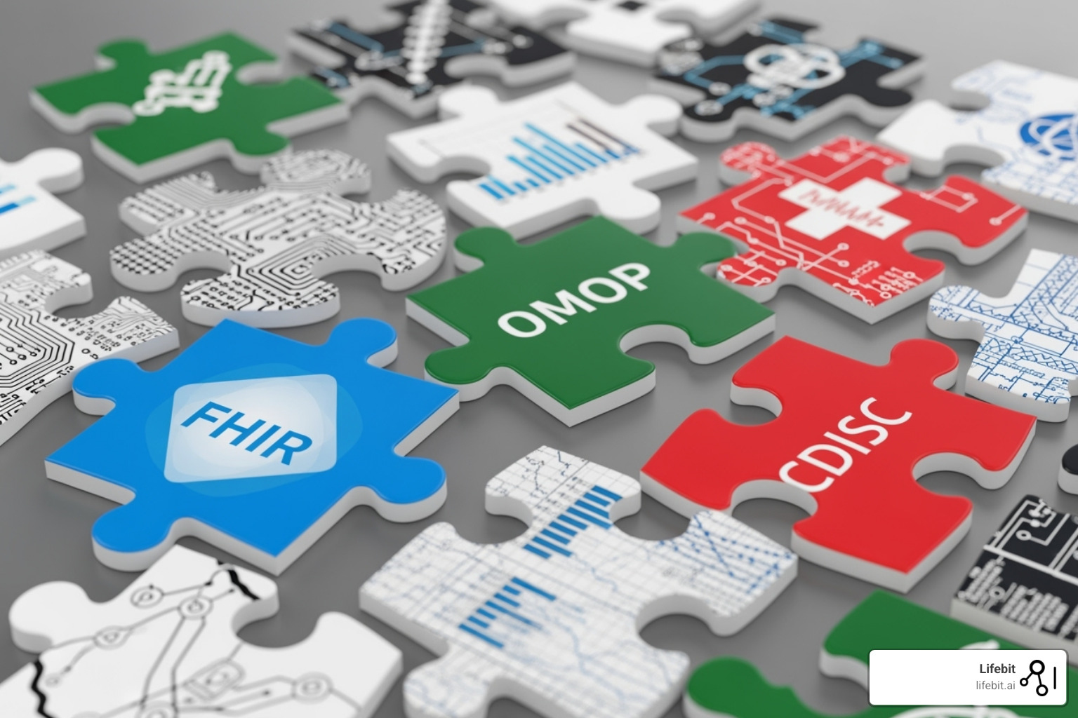 puzzle pieces that don't fit together, labeled with data standards like FHIR, OMOP, CDISC - health data harmonization puzzle pieces that don't fit together, labeled with data standards like FHIR, OMOP, CDISC - health data harmonization