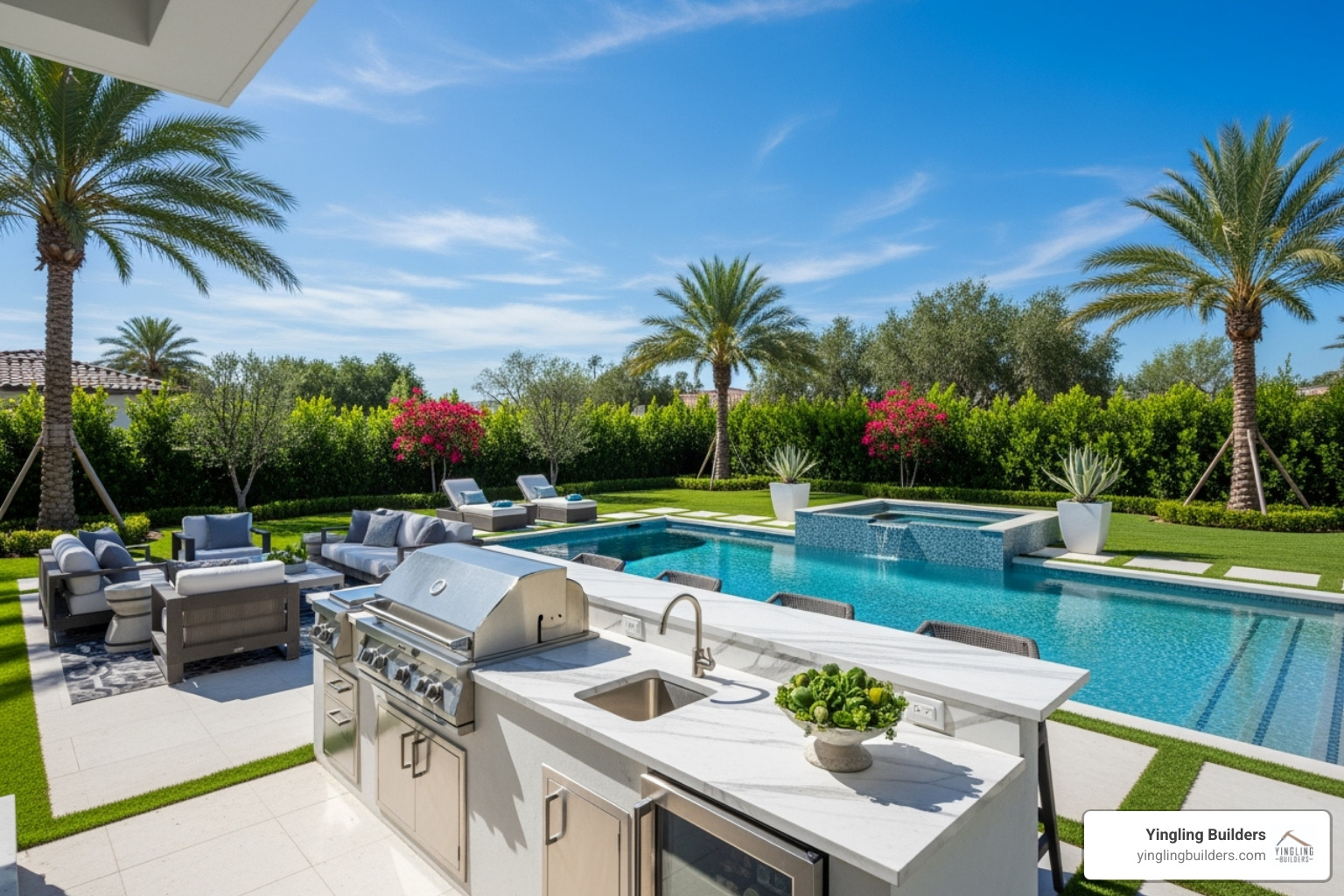 luxury backyard with an outdoor kitchen and pool - luxury home renovations