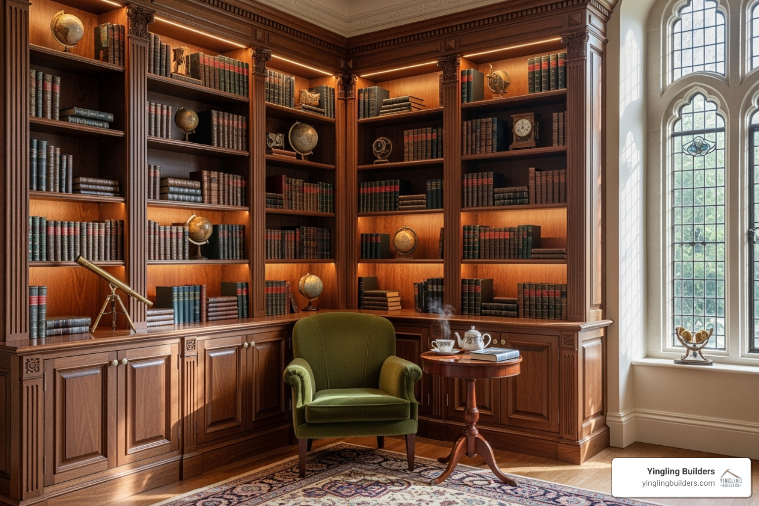 intricate custom-built bookshelves in a library nook - luxury home renovations