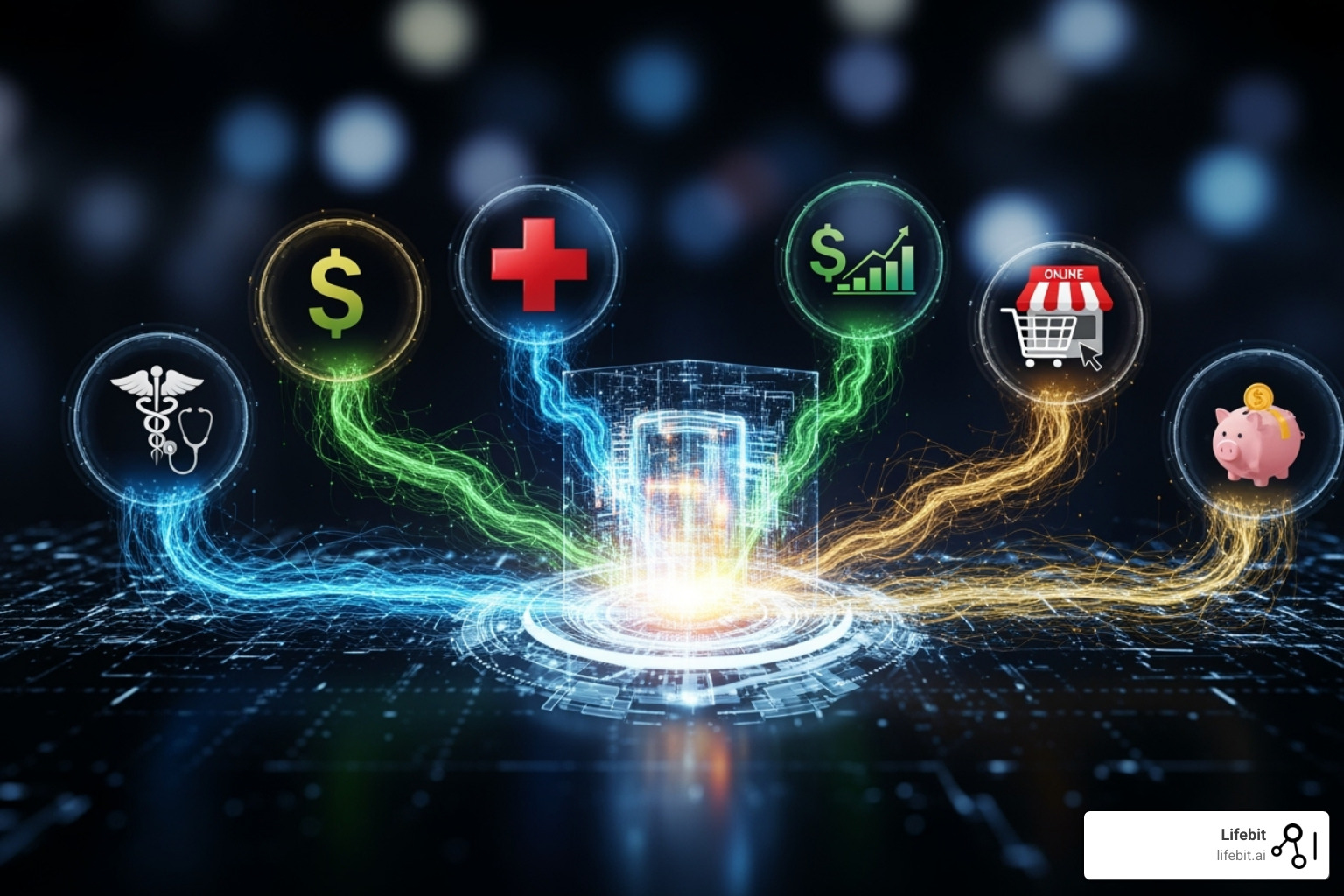 Logos of healthcare, finance, and e-commerce industries connected by a federated data hub - what is a federated data platform