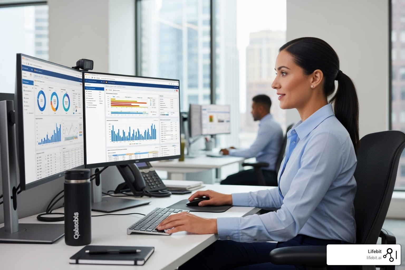 Professional clinical data analyst at workstation, confident and engaged - Clinical research data analytics