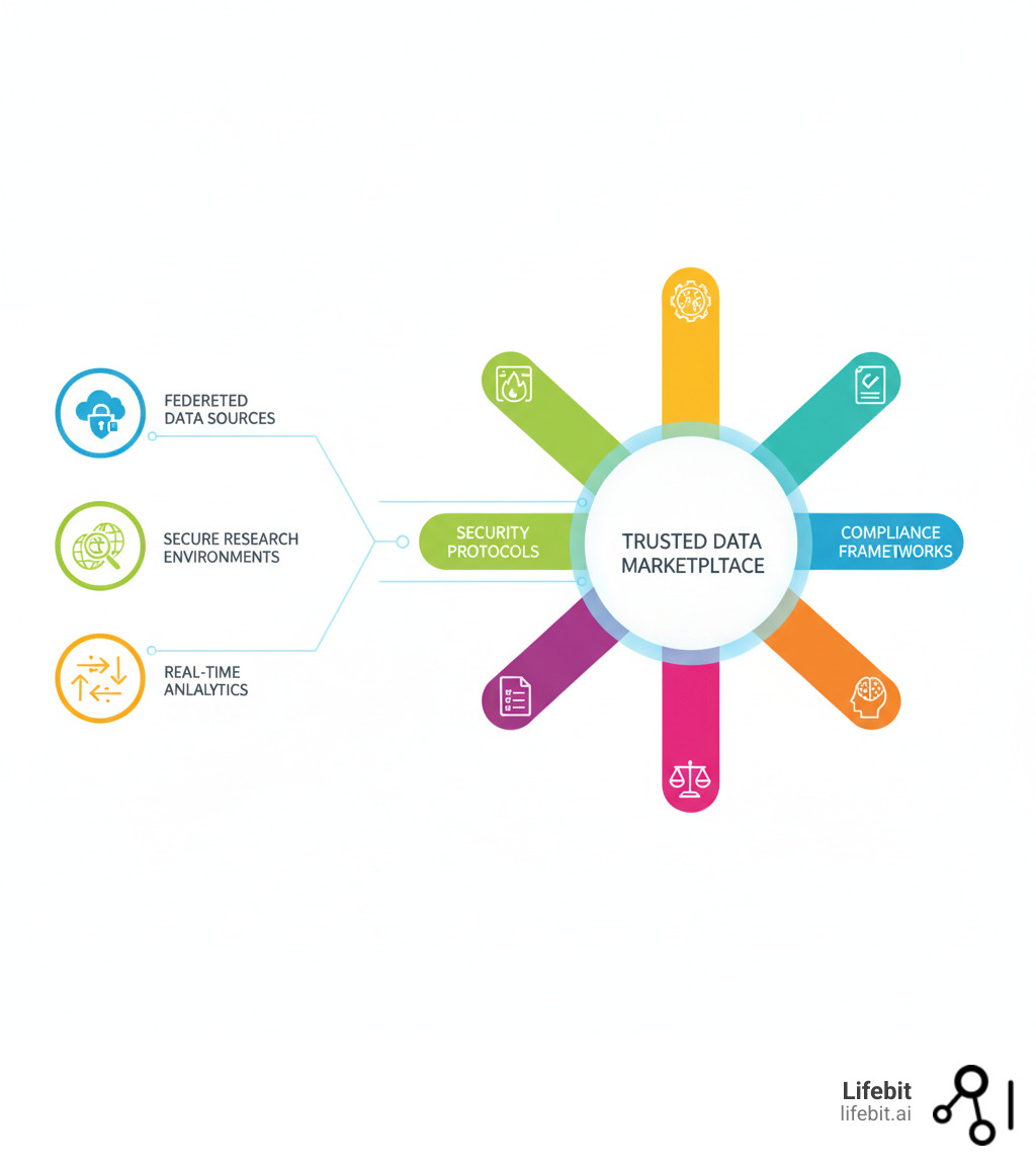 Infographic showing the core components of a trusted data marketplace: a central hub with six pillars—data governance, security protocols, quality assurance, compliance frameworks, transparency mechanisms, and AI-ready capabilities—connected to icons representing federated data sources, secure research environments, and real-time analytics workflows - trusted data marketplace infographic 