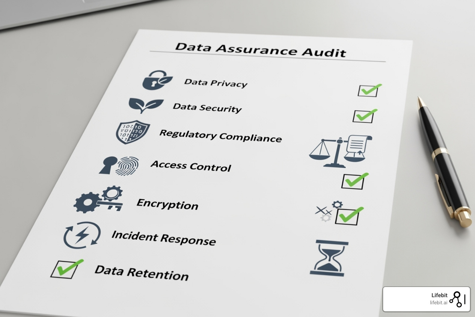 checklist with items like GDPR, HIPAA, and ISO certification - trusted data marketplace
