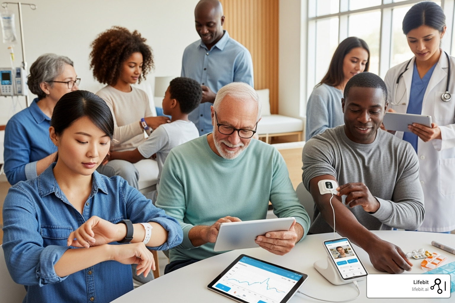 Diverse group of patients interacting with digital health devices - Clinical research AI